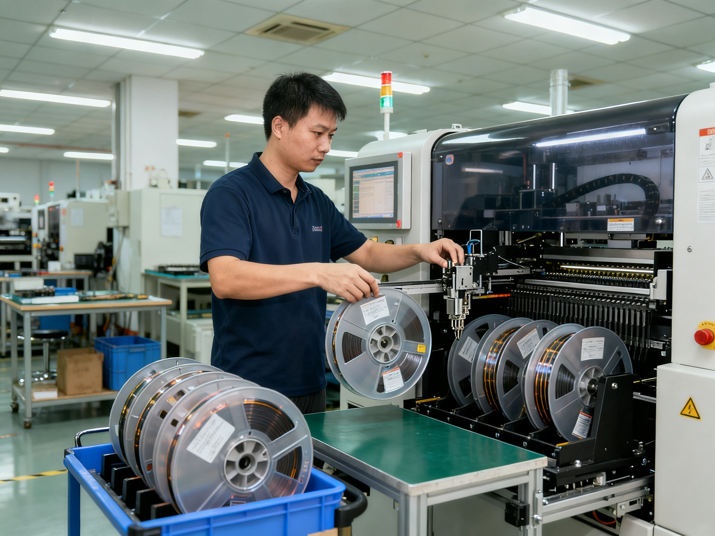 SMT Pick and Place Machine Price Guide 2026: Desktop, Automatic, New & Used Cost Comparison3 - S&M Co.Ltd Chest height view of operator performing feeder changeover on pick and place machine.