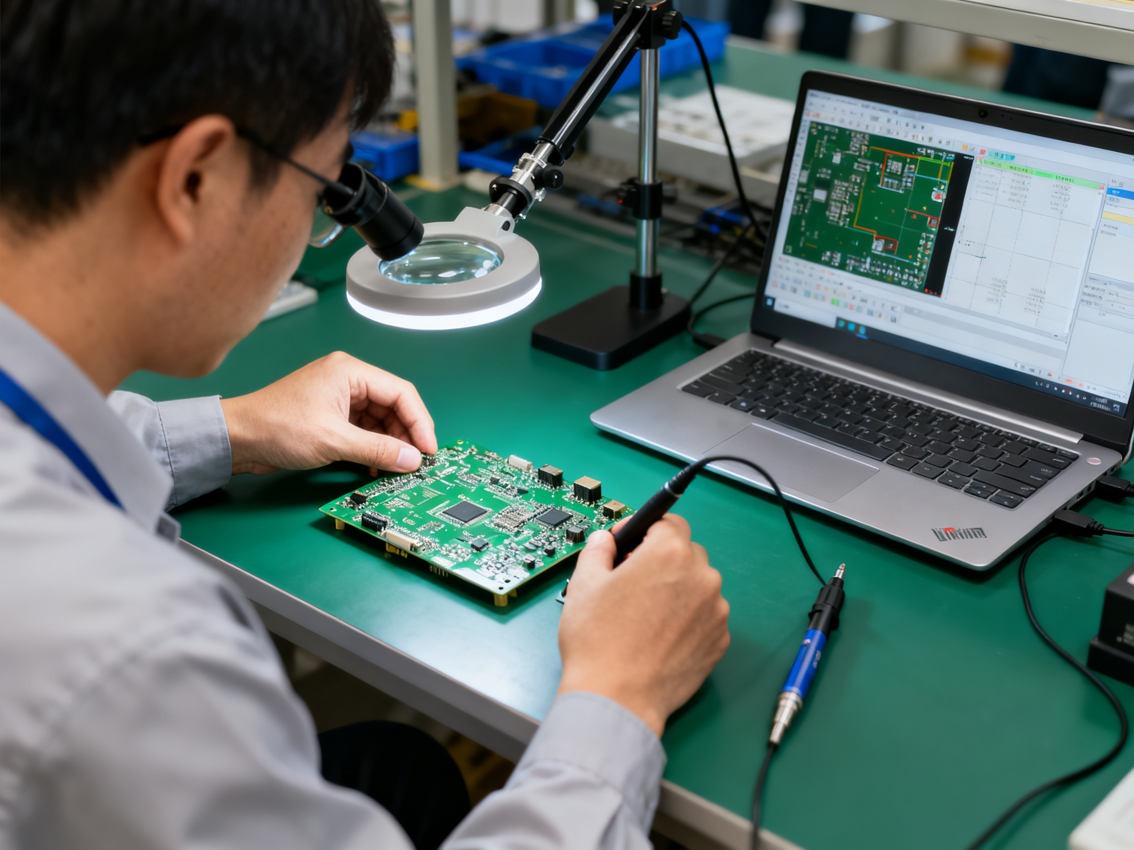 SMT Pick and Place Machine Price Guide 2026: Desktop, Automatic, New & Used Cost Comparison2 - S&M Co.Ltd Chest height documentary shot of an engineer examining a placed PCB under magnification.