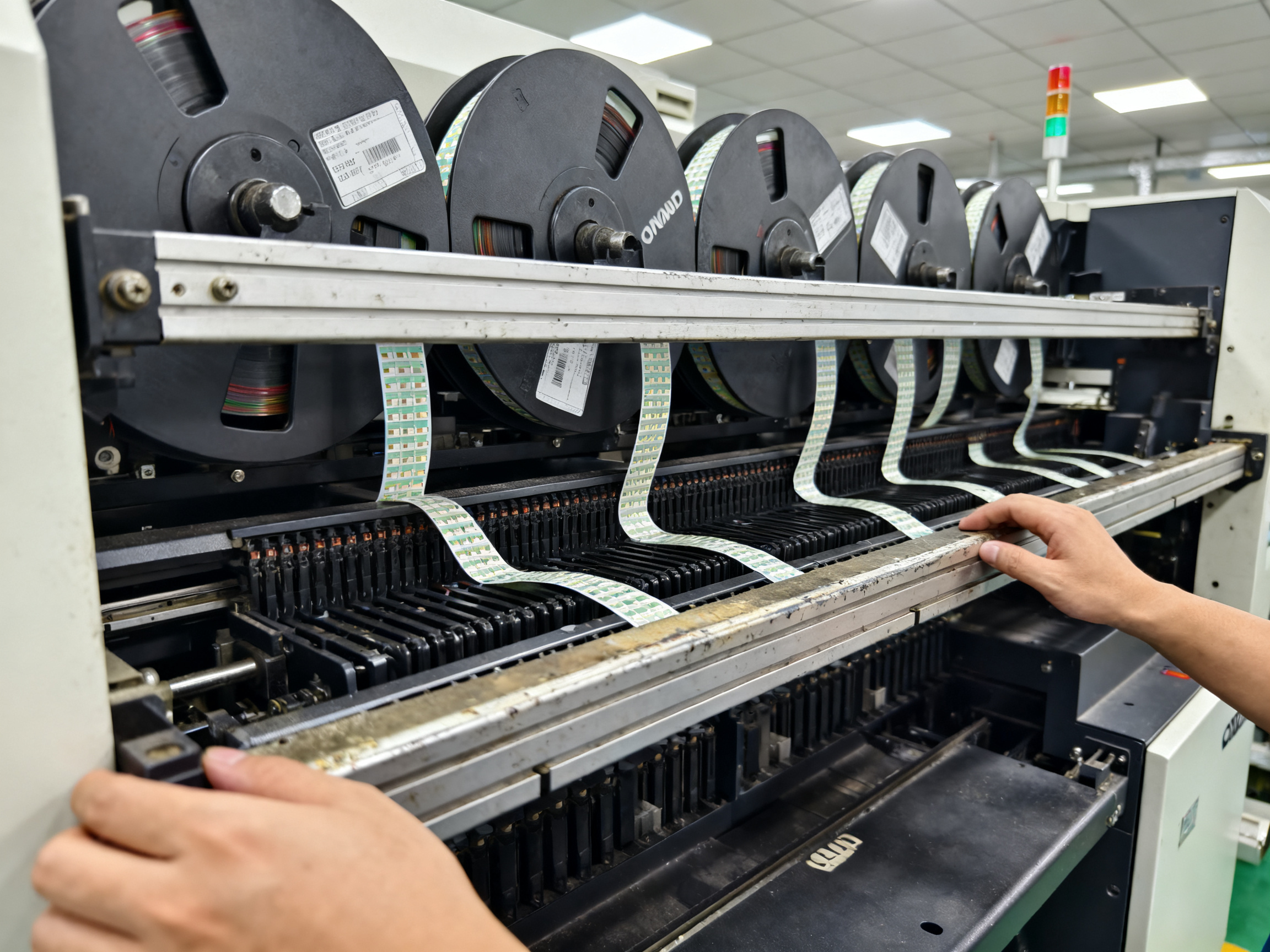 SMT Pick and Place Machine Price Guide 2026: Desktop, Automatic, New & Used Cost Comparison1 - S&M Co.Ltd Practical close up documentary shot of feeder rails holding component reels on a pick and place machine.