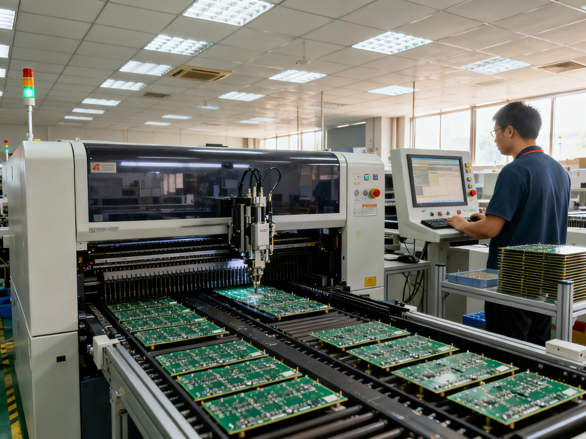 SMT Pick and Place Machine Price Guide 2026: Desktop, Automatic, New & Used Cost Comparison - S&M Co.Ltd Eye level documentary view of an SMT assembly line with pick and place machine.