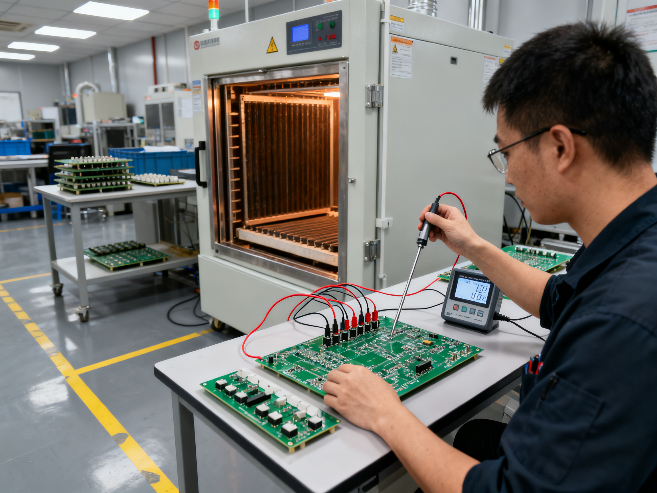 Vertical Curing Oven: How It Works, Temperature Ranges, Applications, and Space-Saving Benefits2 - S&M Co.Ltd Engineering validation scene in an electronics factory technician thermocouple p.