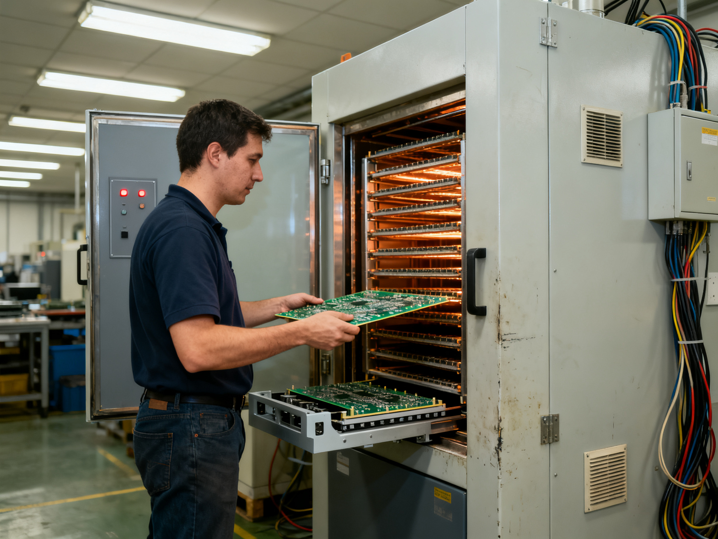 Vertical Curing Oven: How It Works, Temperature Ranges, Applications, and Space-Saving Benefits1 - S&M Co.Ltd Documentary photograph of a factory operator loading a pcb carrier into a vertic.