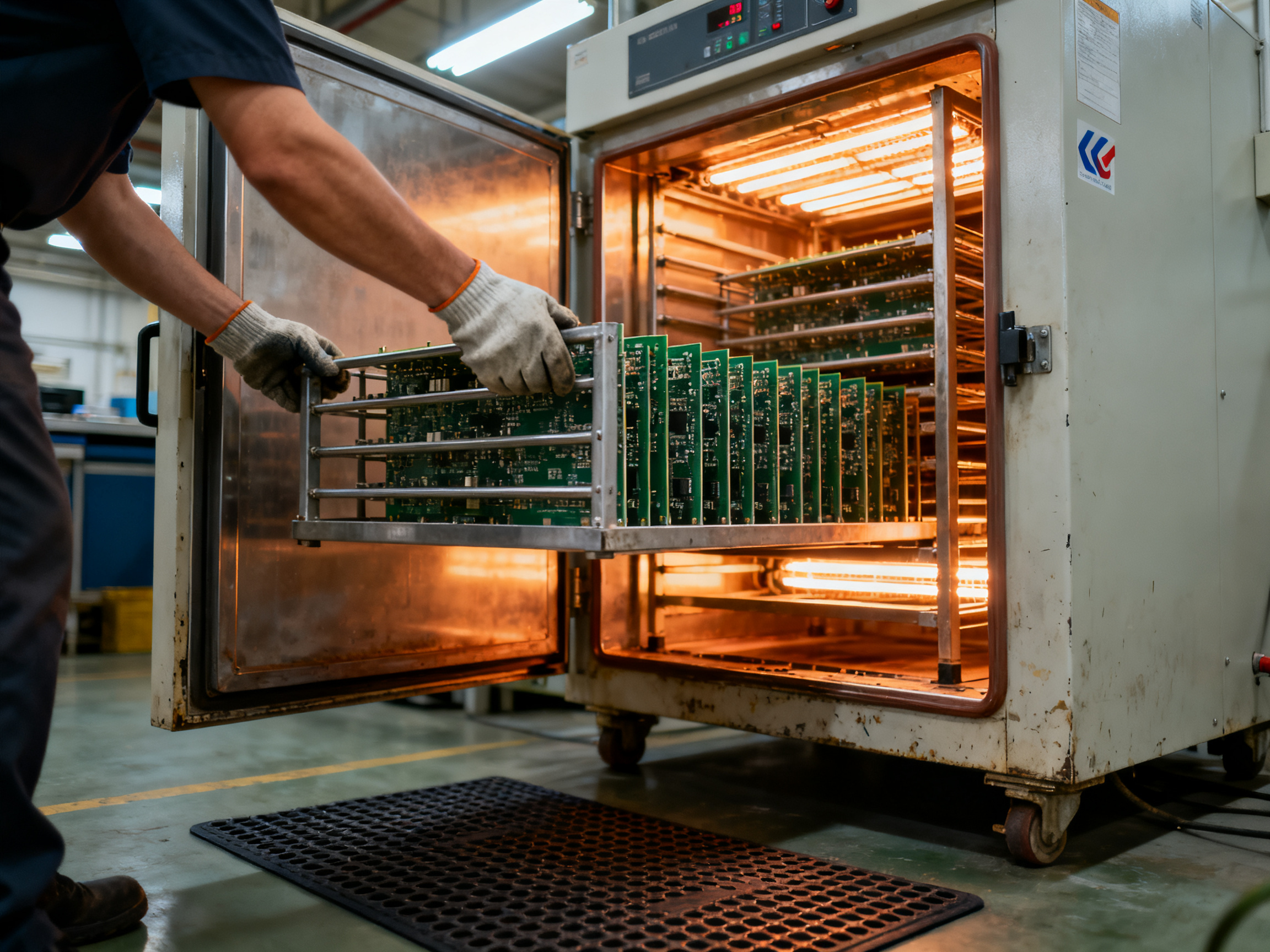 Process documentation technician opening vertical curing oven chamber door to load boards.
