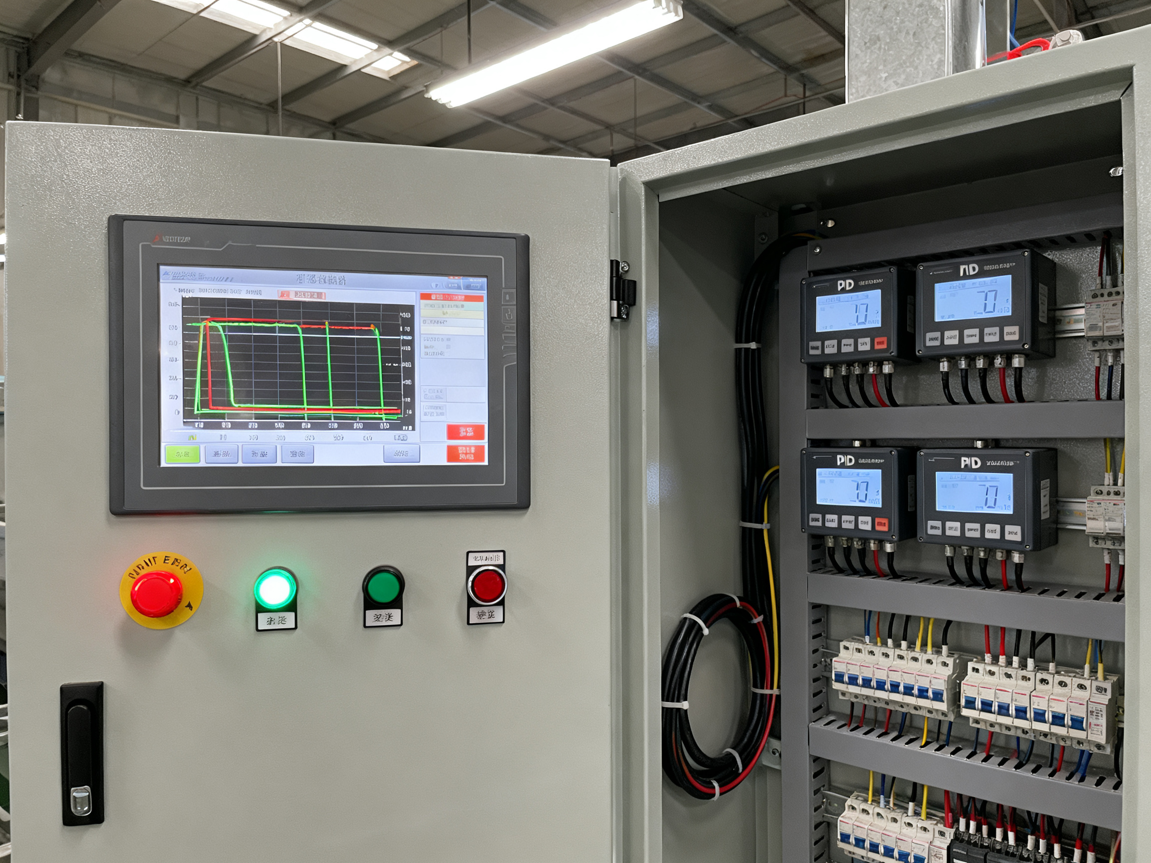 How a Vertical Curing Oven Is Made: Components, Heater Options, Controls, and Custom Configurations2 - S&M Co.Ltd Industrial curing oven control panel with HMI touchscreen showing temperature zone controls.
