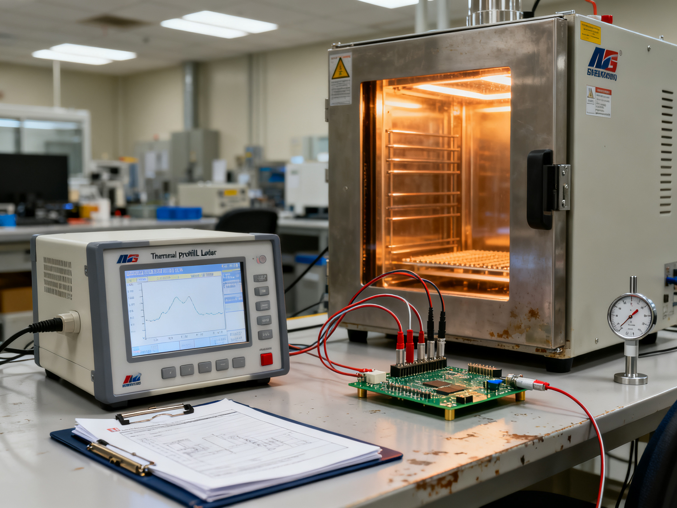 Engineering validation scene thermal profiling data logger sitting on lab bench.