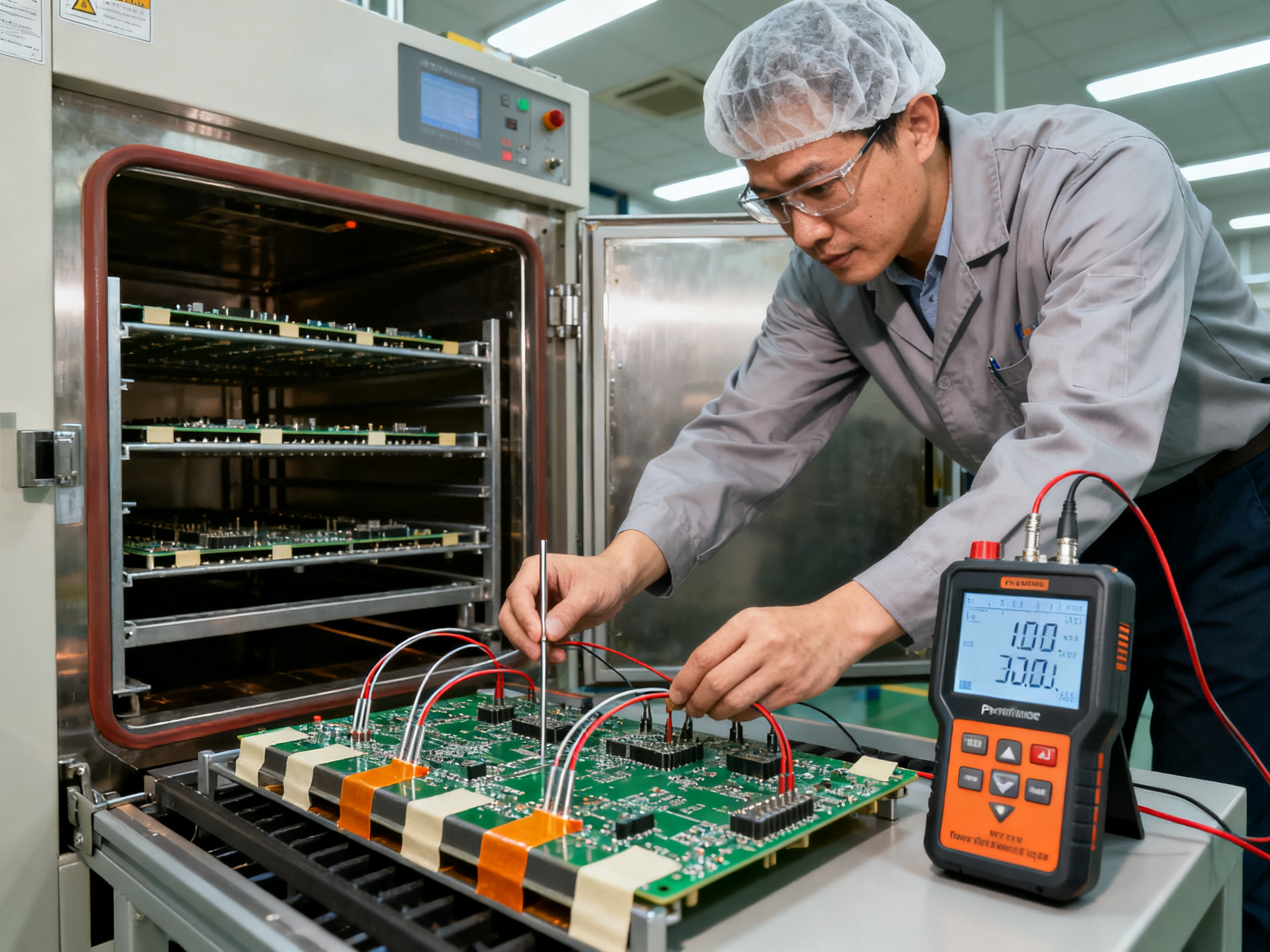 How a Vertical Curing Oven Is Made: Components, Heater Options, Controls, and Custom Configurations3 - S&M Co.Ltd Process engineer validating thermal cure profile with thermocouples attached to PCB during commissioning.