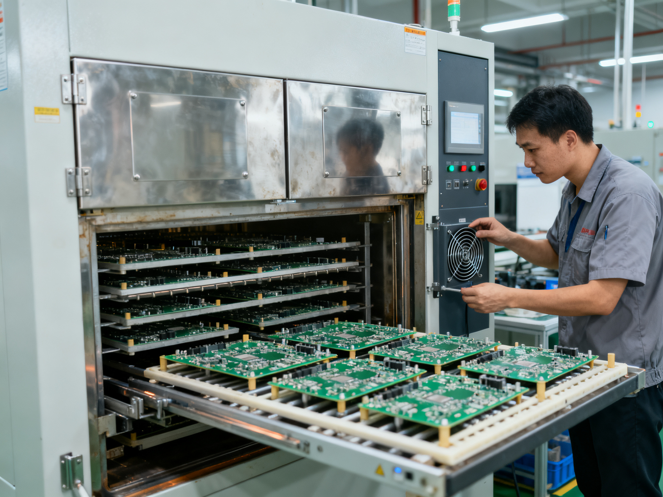 Best Vertical Curing Ovens for SMT and Industrial Applications in 20261 - S&M Co.Ltd Industrial documentary photography medium close up on the loading side of a vertical curing oven.