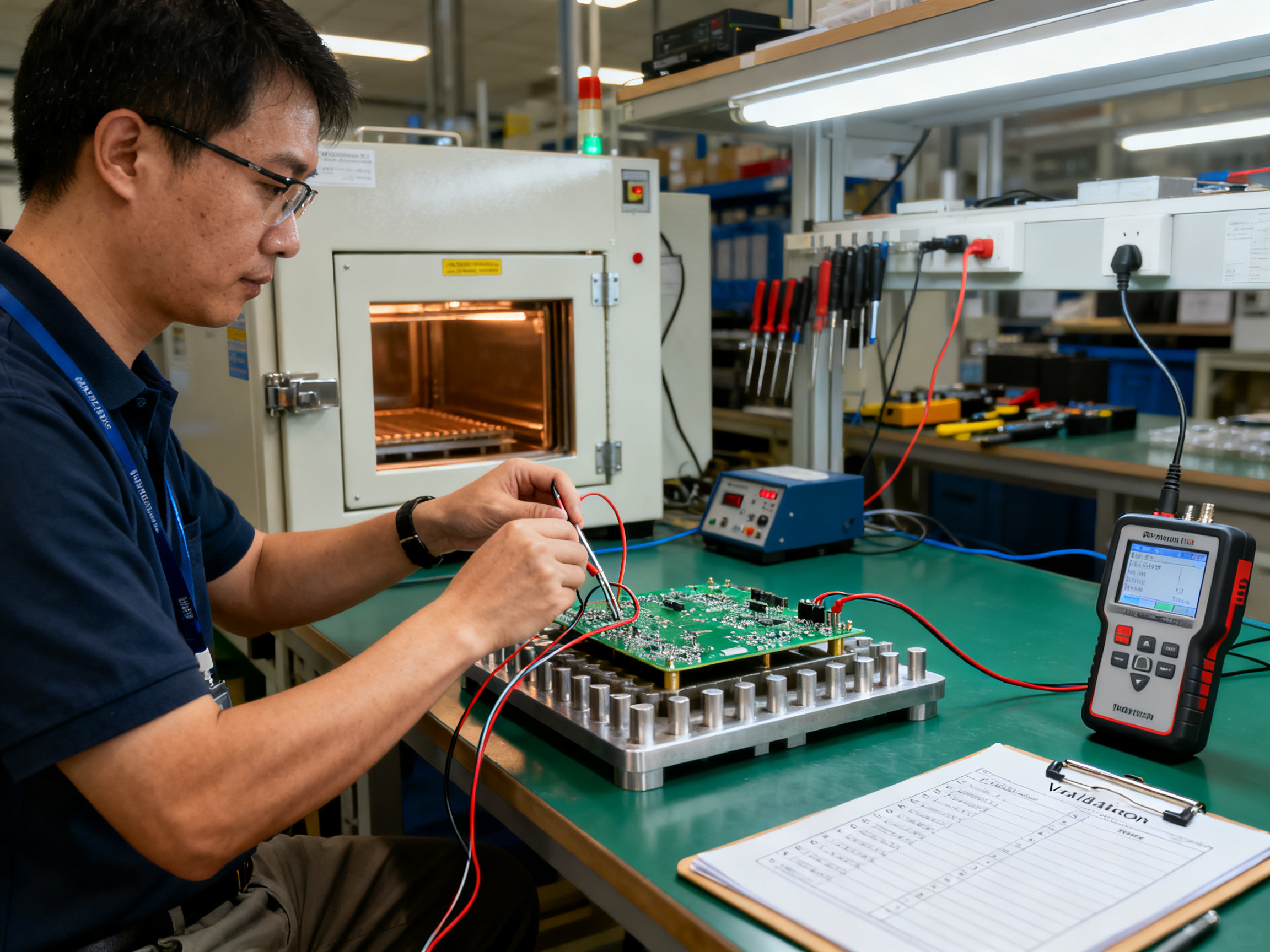 Best Vertical Curing Ovens for SMT and Industrial Applications in 20262 - S&M Co.Ltd Industrial documentary photography of a quality engineer performing thermal profiling on a curing oven.