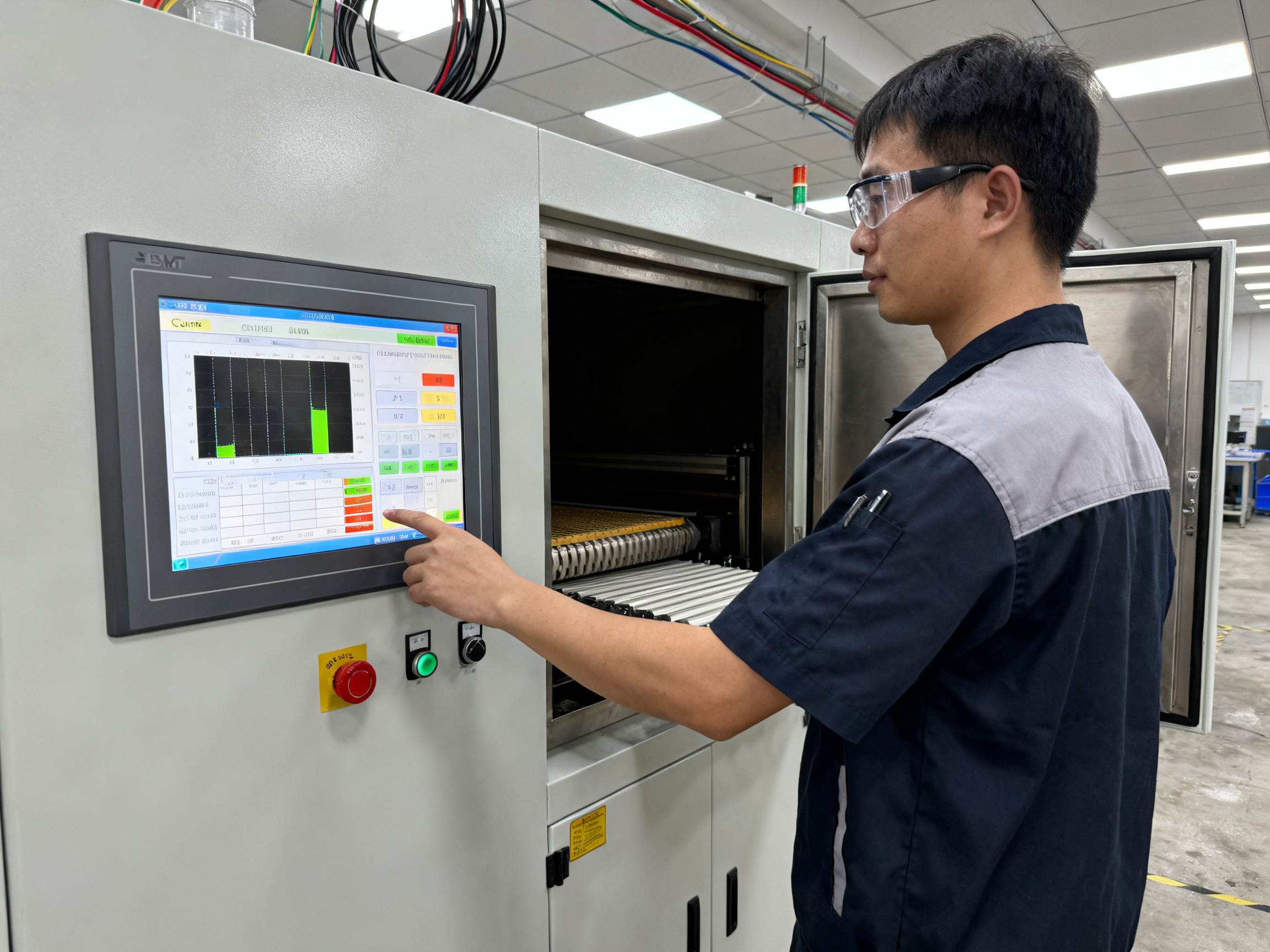 Best Vertical Curing Ovens for SMT and Industrial Applications in 20263 - S&M Co.Ltd Industrial documentary photography of an SMT operator interfacing with a curing oven control panel.