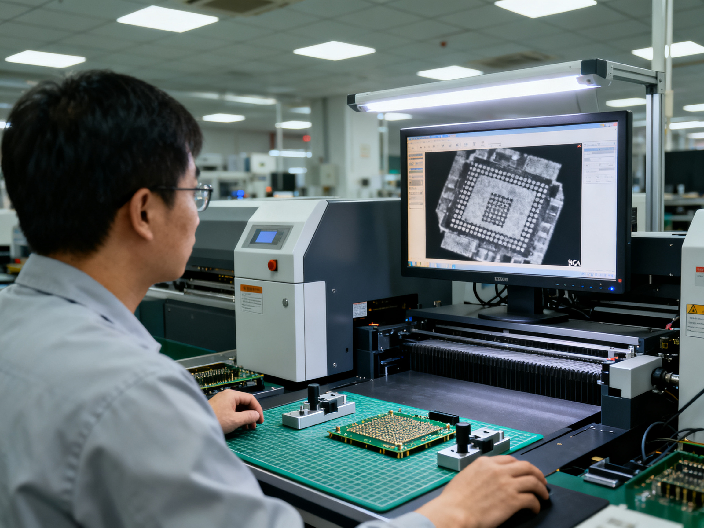 What Is Nitrogen Reflow Soldering? Benefits, Process, and Advanced Trends1 - S&M Co.Ltd SMT quality inspection station operator reviewing X-ray machine display showing BGA solder joints.