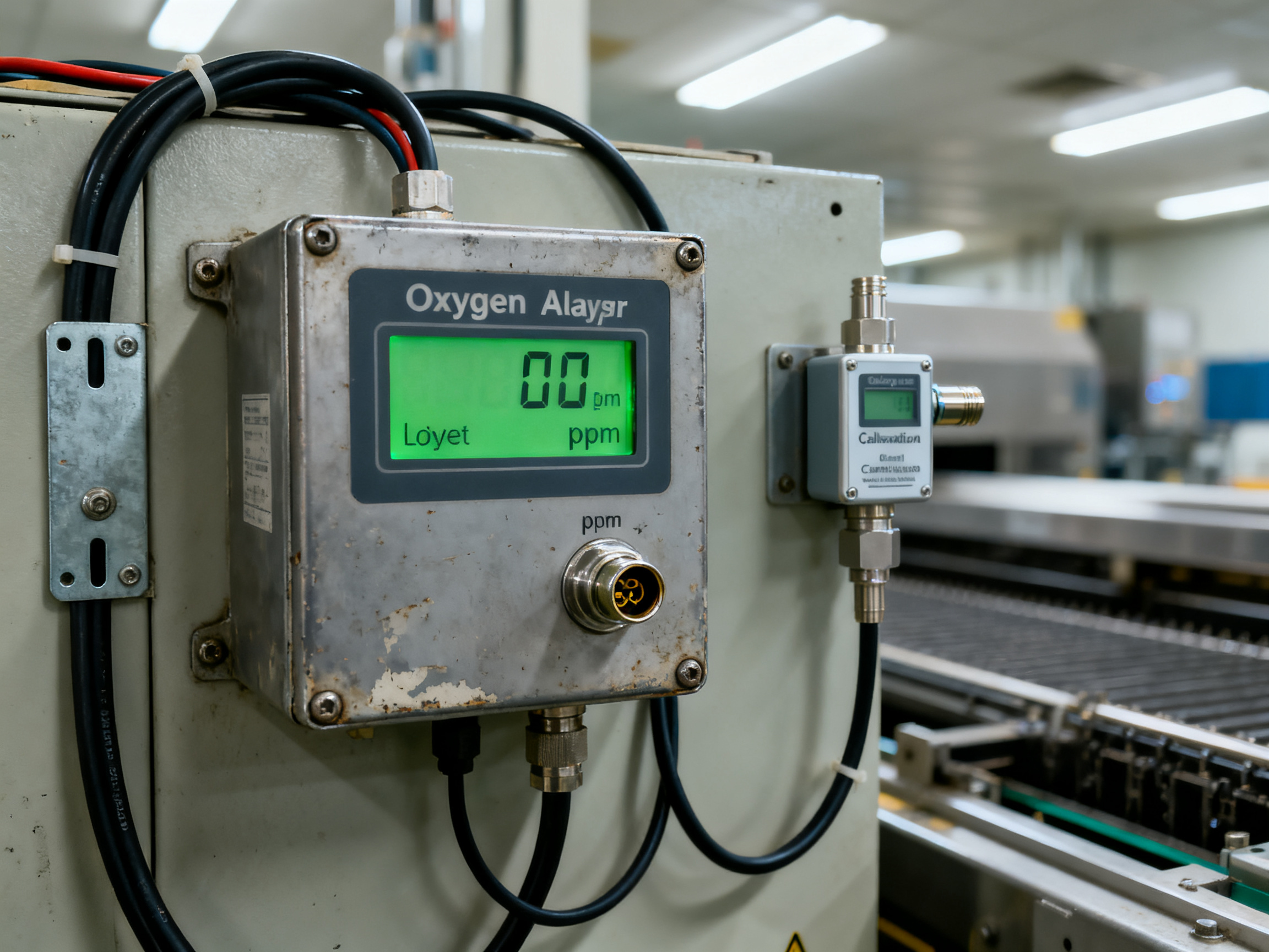 What Is Nitrogen Reflow Soldering? Benefits, Process, and Advanced Trends2 - S&M Co.Ltd Close up industrial view of oxygen analyzer monitoring display on SMT reflow oven.