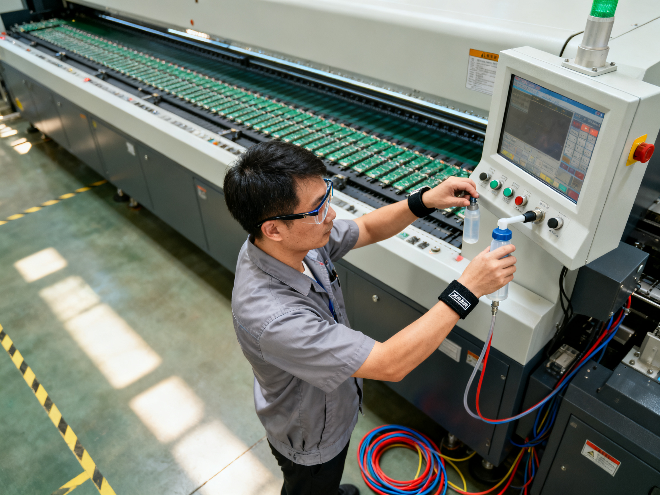 Lead-Free Wave Soldering: Complete Guide to Process, Alloys, RoHS Compliance, and Production Challenges2 - S&M Co.Ltd Operator in electronics factory adjusting flux spray system on wave soldering machine.