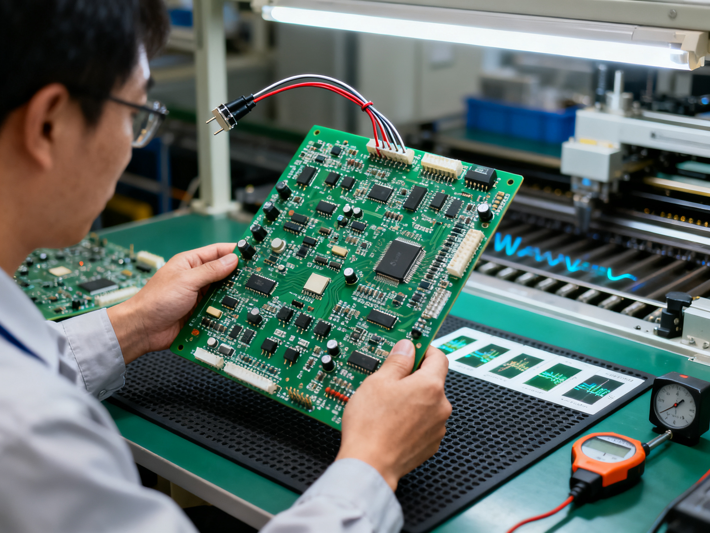 Lead-Free Wave Soldering Process Guide: Machine Setup, Flux, Temperature Profile, and Dwell Time1 - S&M Co.Ltd Practical close up documentary scene in an electronics factory showing an engineer.