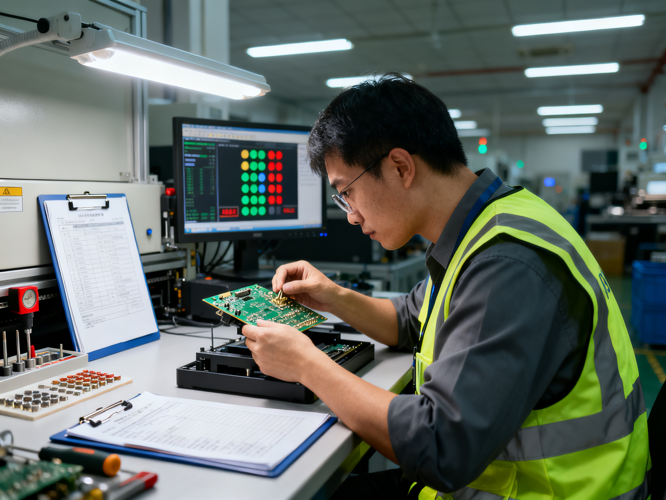 Lead-Free Wave Soldering: Complete Guide to Process, Alloys, RoHS Compliance, and Production Challenges3 - S&M Co.Ltd Electronics manufacturing quality control station with engineer in standard safety equipment inspecting PCBs.