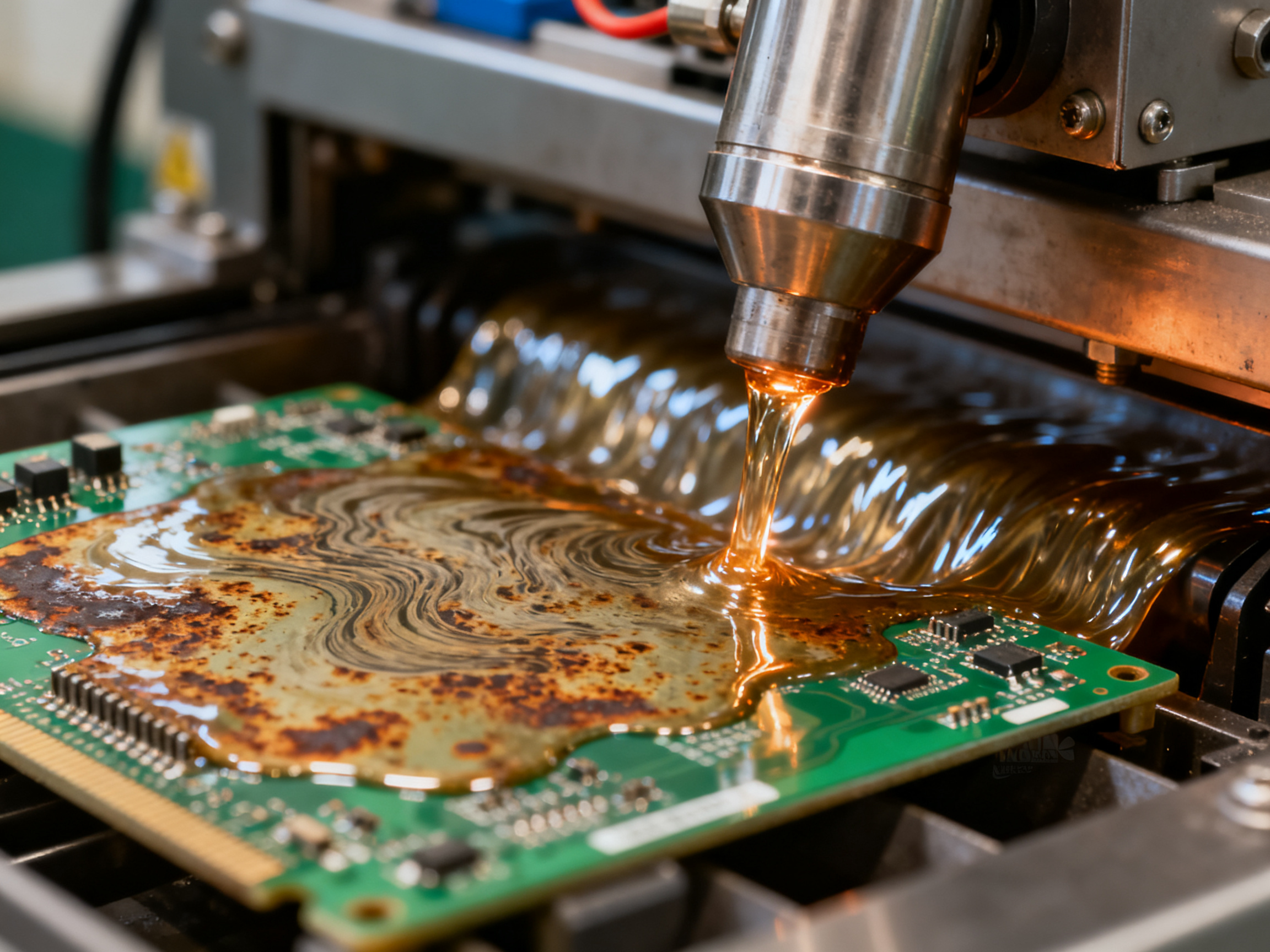 Lead-Free Wave Soldering: Complete Guide to Process, Alloys, RoHS Compliance, and Production Challenges1 - S&M Co.Ltd Close up detail of molten solder wave forming at the nozzle during wave soldering.