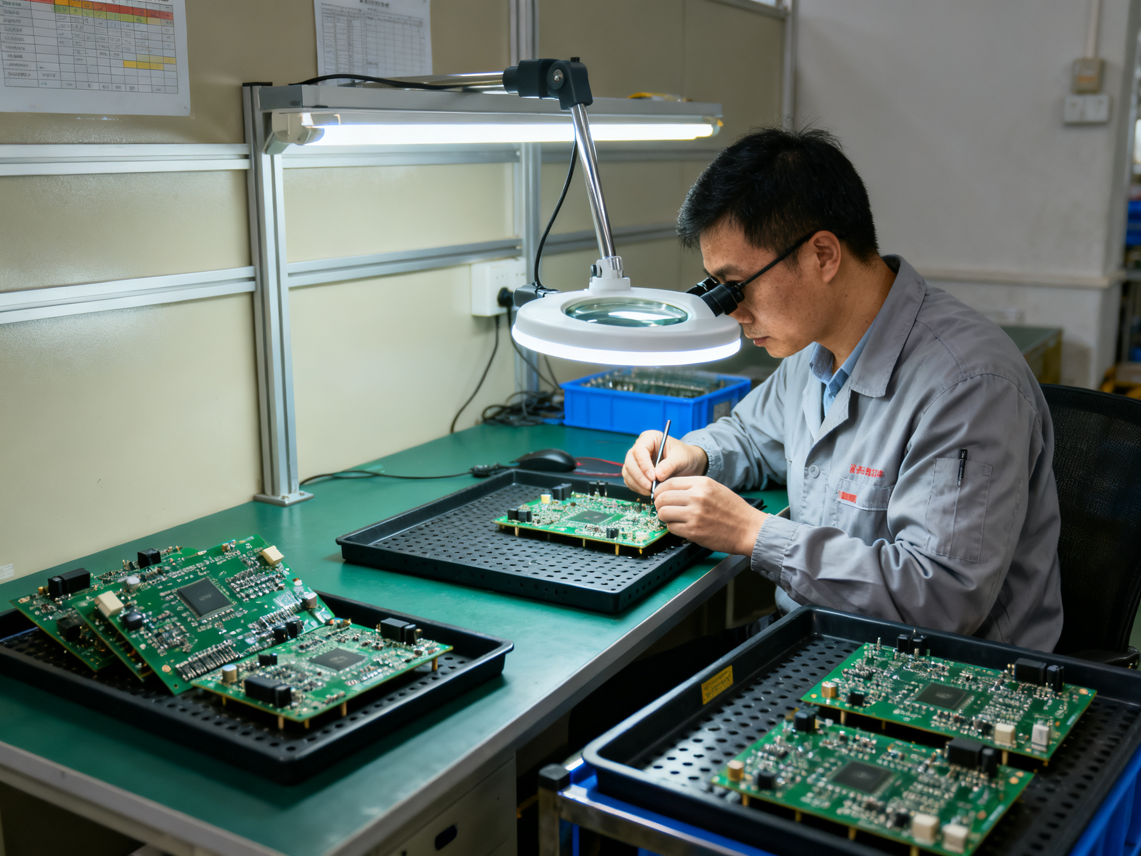Lead-Free Wave Soldering Process Guide: Machine Setup, Flux, Temperature Profile, and Dwell Time2 - S&M Co.Ltd Ordinary electronics assembly line documentary side angle view of an operator pe.