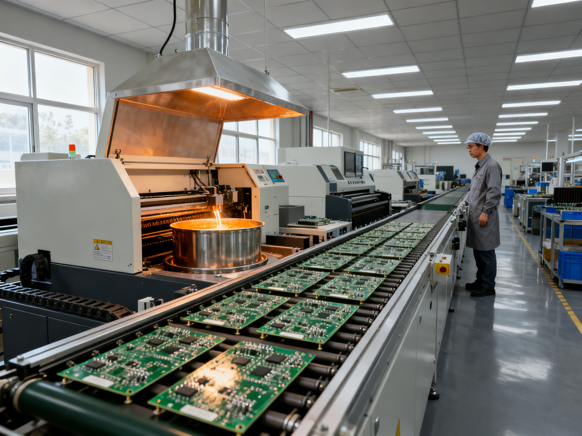 Lead-Free Wave Soldering: Complete Guide to Process, Alloys, RoHS Compliance, and Production Challenges - S&M Co.Ltd Electronics factory production line with wave soldering machine in mid production.