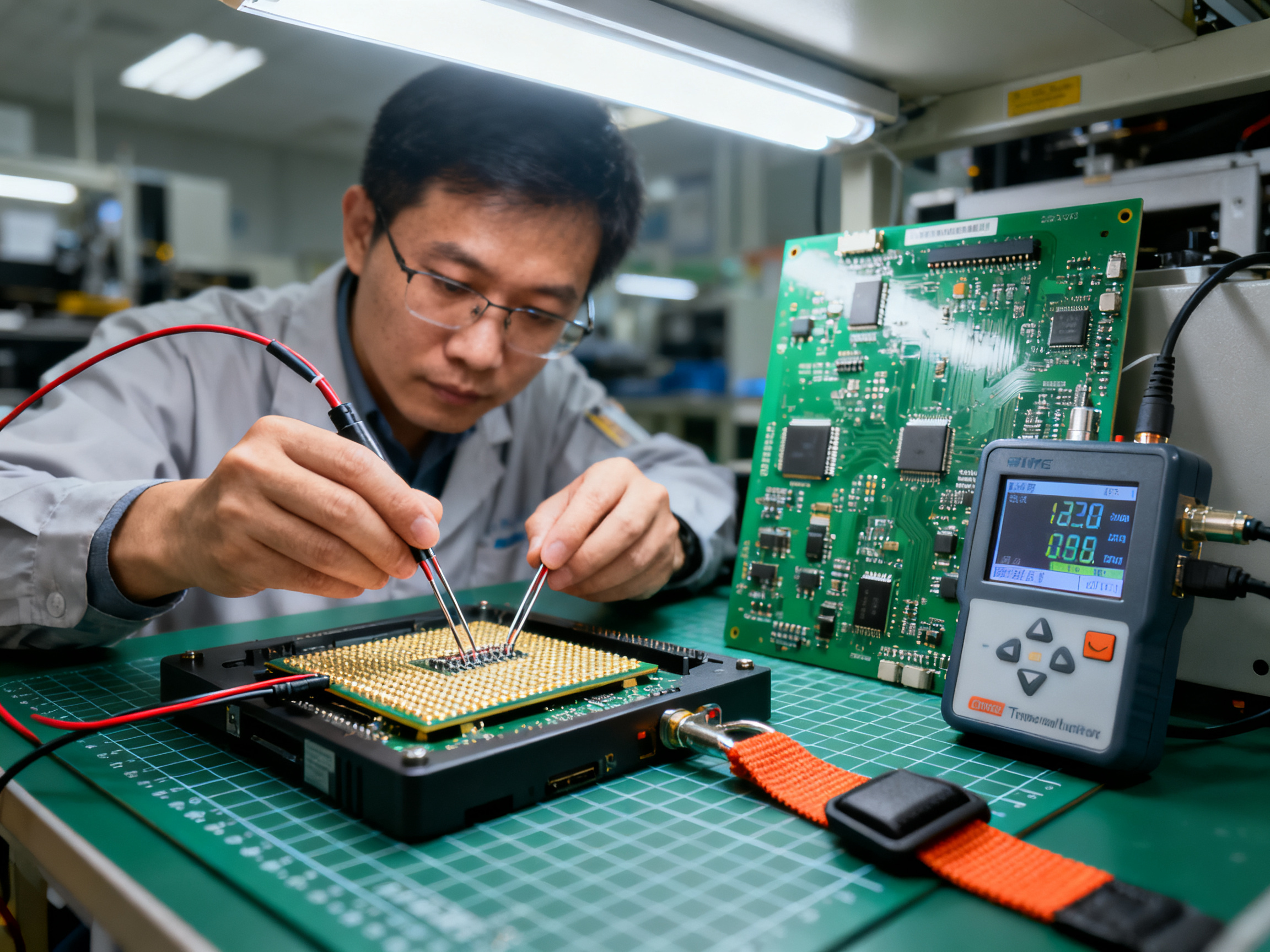 Close up of smt engineer attaching thermocouples to bga component on pcb for ref.