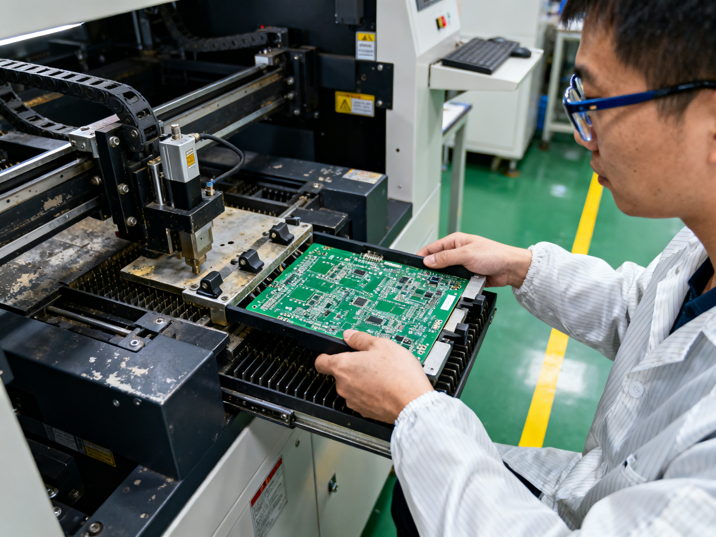 Industrial documentary photography operator loading PCB into selective soldering machine for production processing.