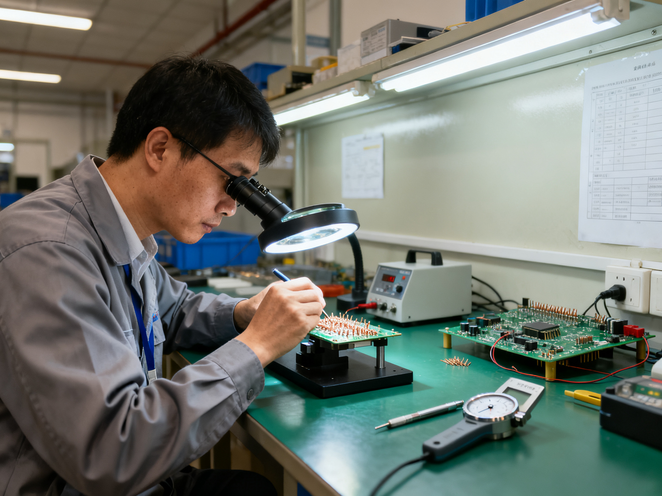 Engineering documentation style technician analyzing solder joint quality using a microscope or inspection system.