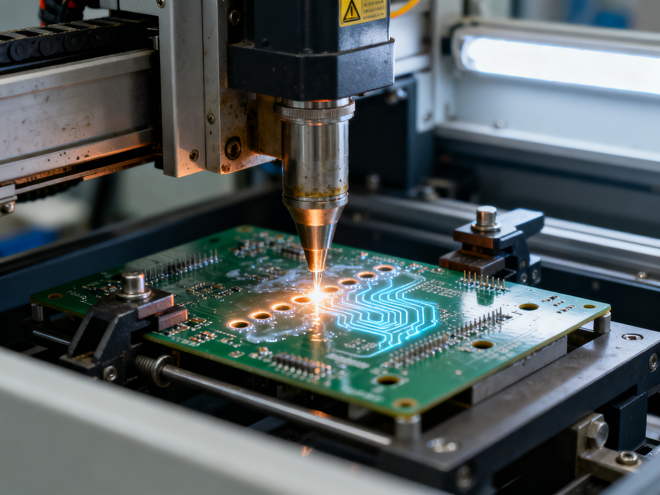 Practical industrial photography selective soldering nozzle dispensing molten solder onto a PCB joint.