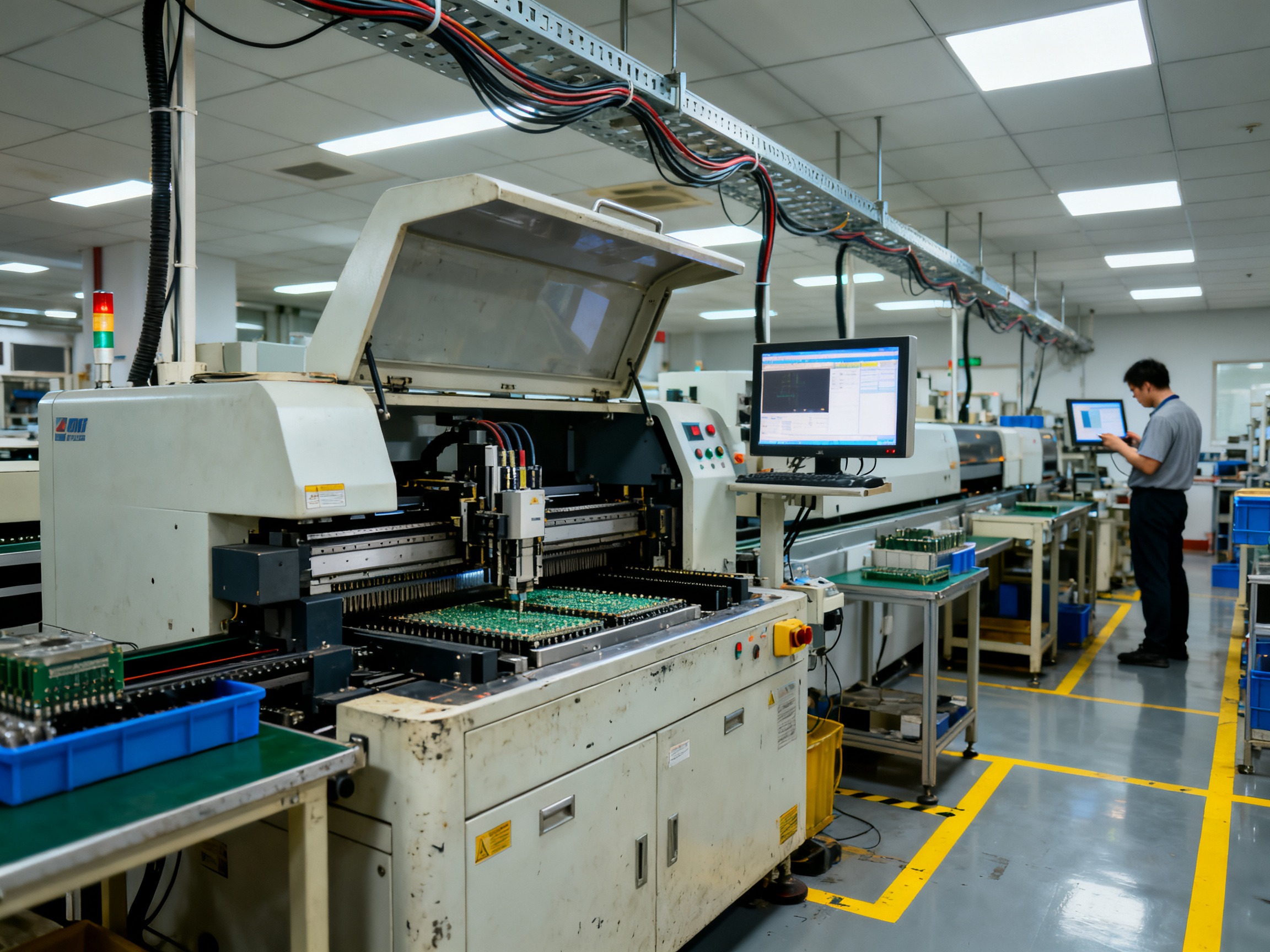 Industrial documentary photography selective soldering machine positioned in an SMT production environment.
