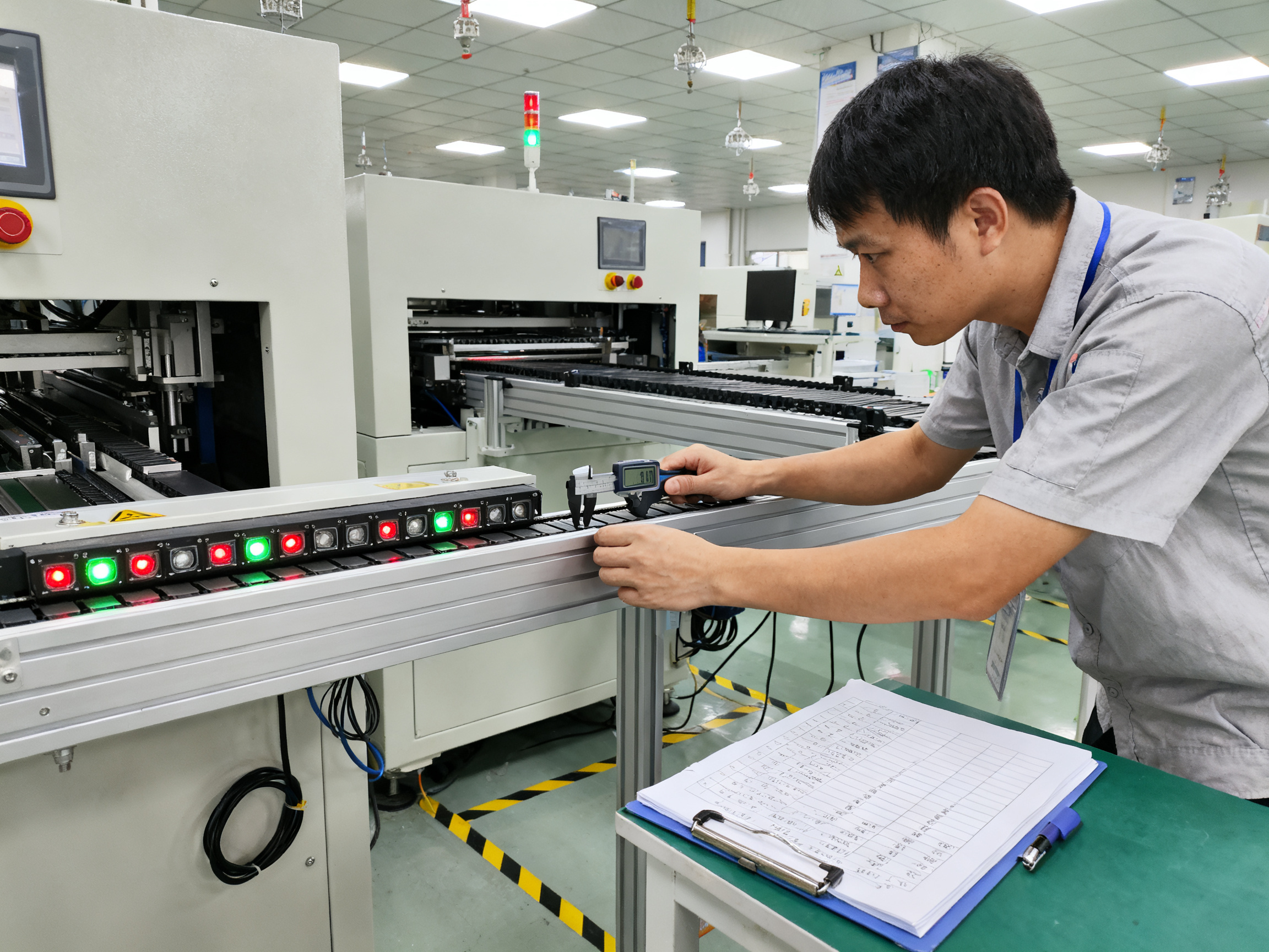 SMT Conveyor Belts: A Comprehensive Guide to Types, Features, Market Trends, and 2026 Insights3 - S&M Co.Ltd Smt quality control station with an engineer performing factory acceptance testing on conveyor systems.