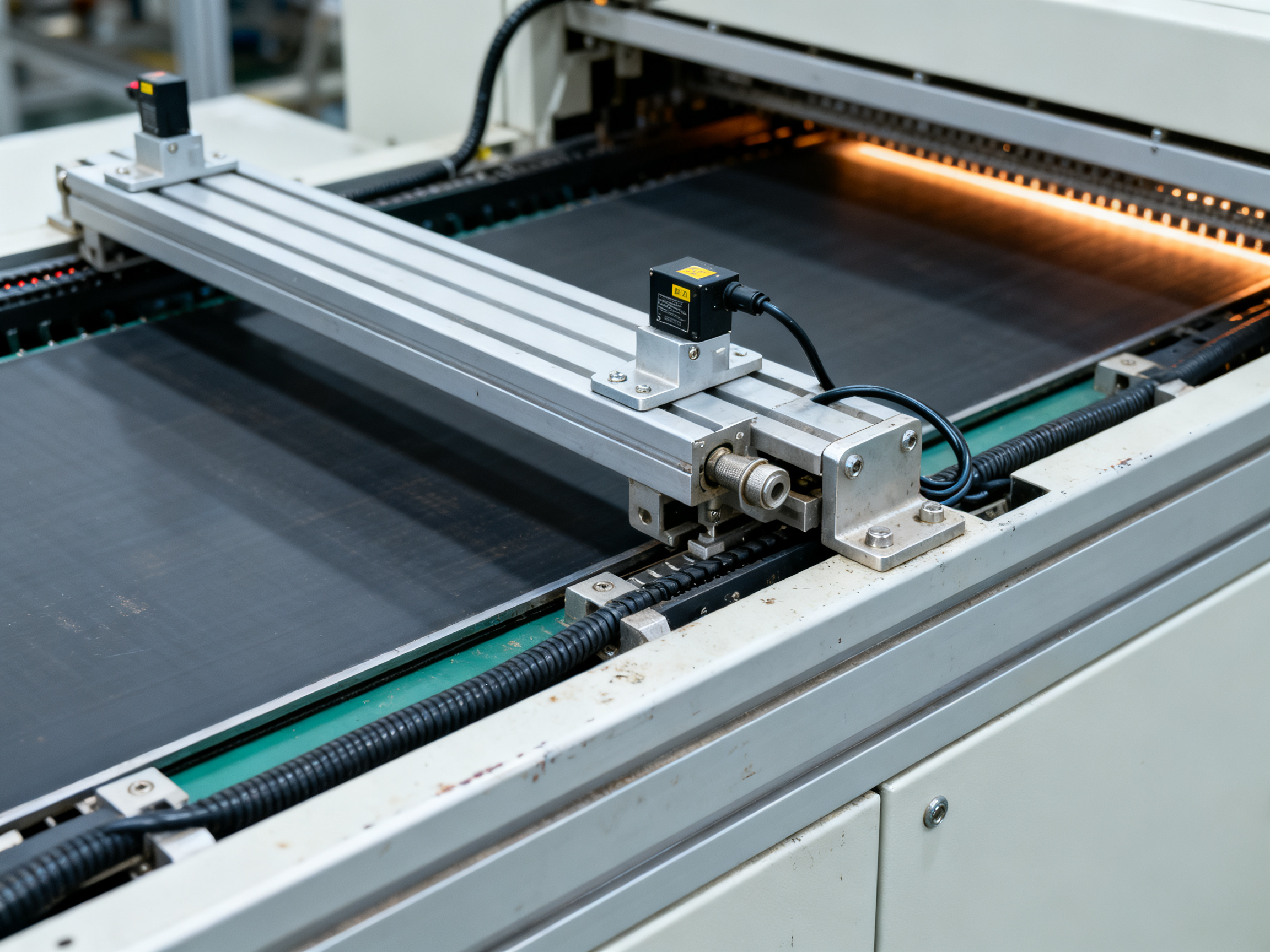Buffer Conveyors in SMT Manufacturing: Benefits, Applications, and Emerging Trends1 - S&M Co.Ltd Close-up view of SMT buffer conveyor mechanism with photoelectric sensors and precision rail system.