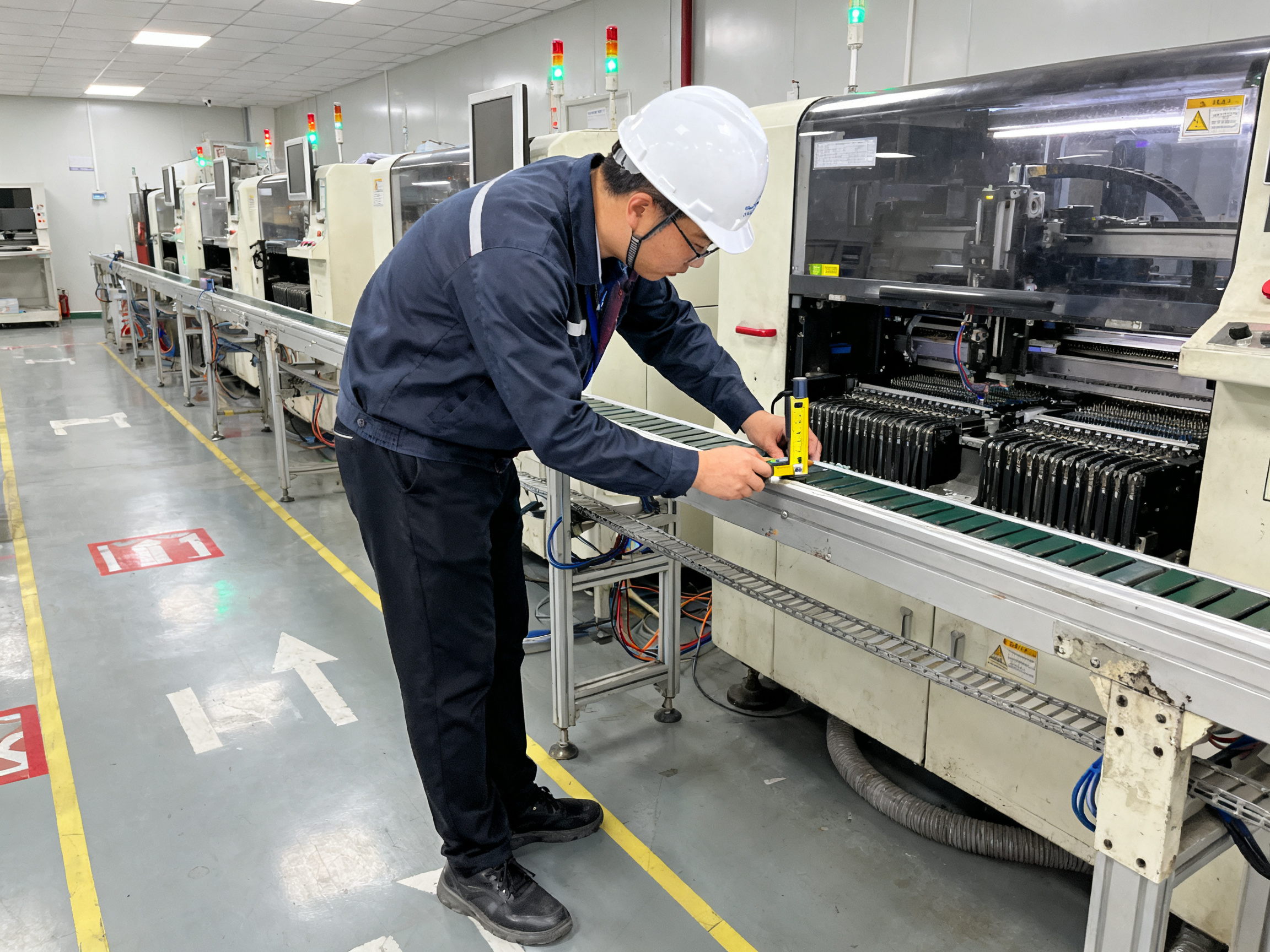 Buffer Conveyors in SMT Manufacturing: Benefits, Applications, and Emerging Trends2 - S&M Co.Ltd SMT engineer verifying buffer conveyor alignment during line commissioning in industrial facility.