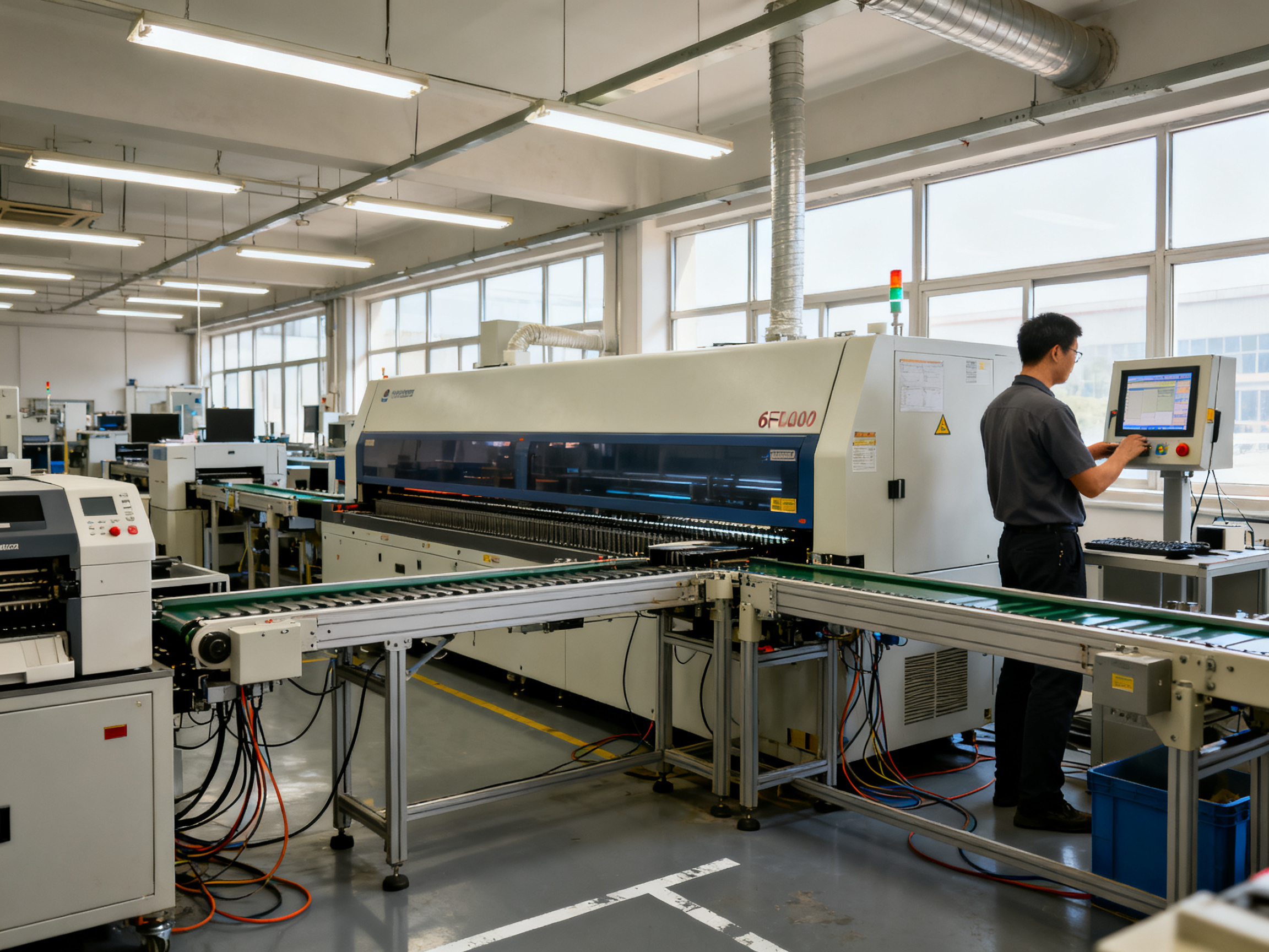 Industrial documentary photography of a mid-sized SMT assembly line with a reflow oven.