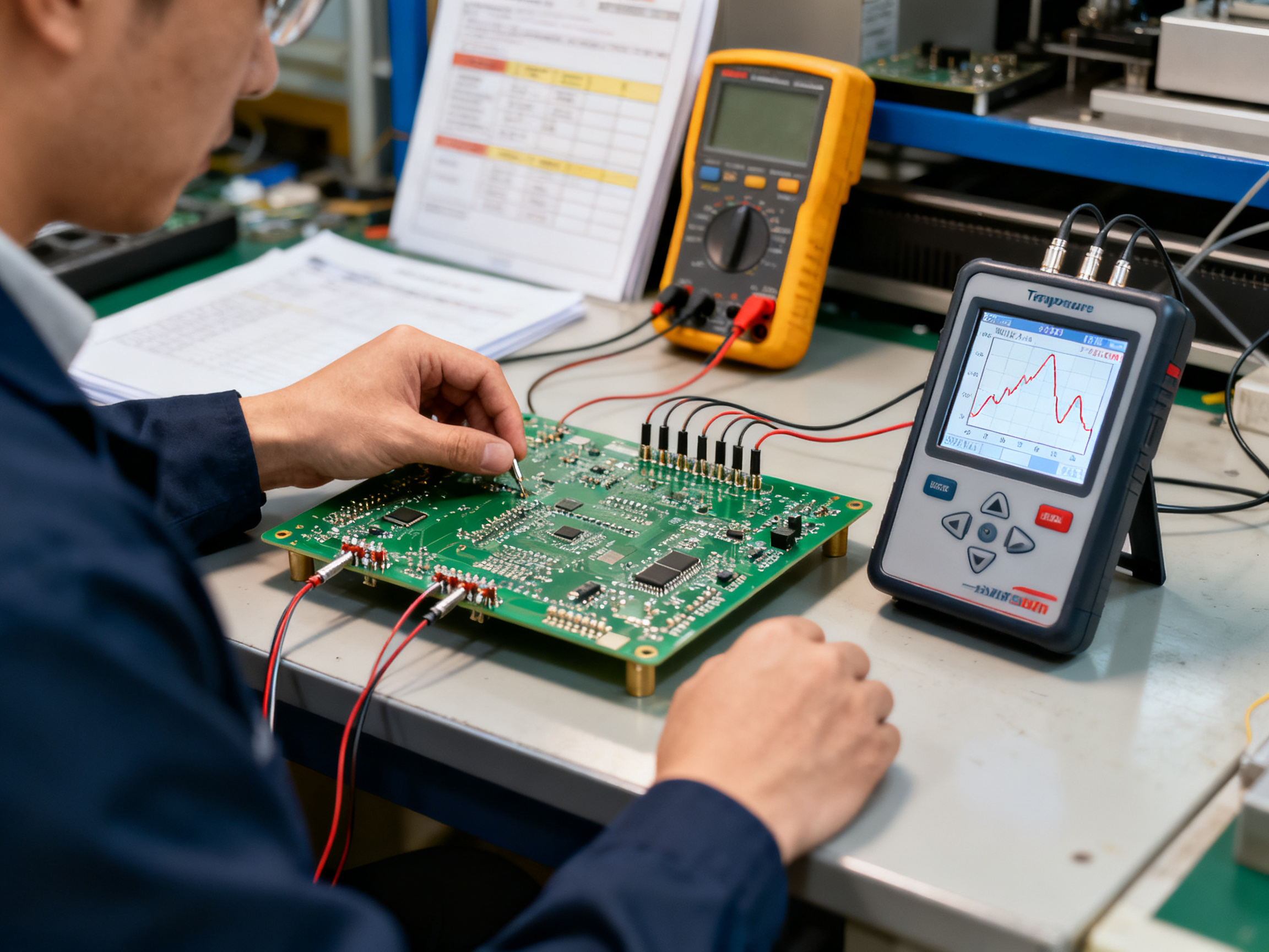 Industrial documentary photography of a quality engineer validating a reflow process.