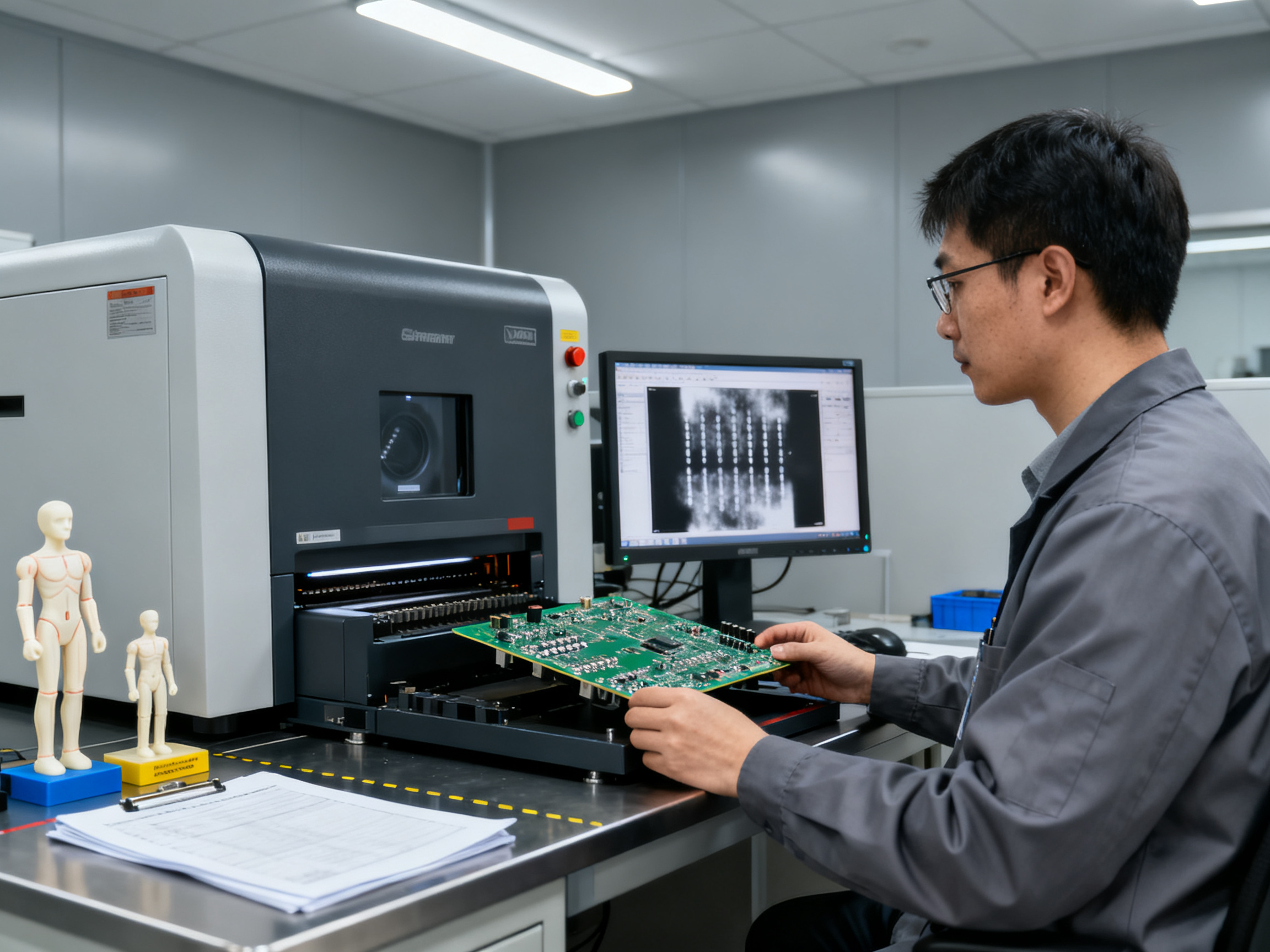 Industrial documentary photography of an x-ray inspection station in an SMT quality lab.