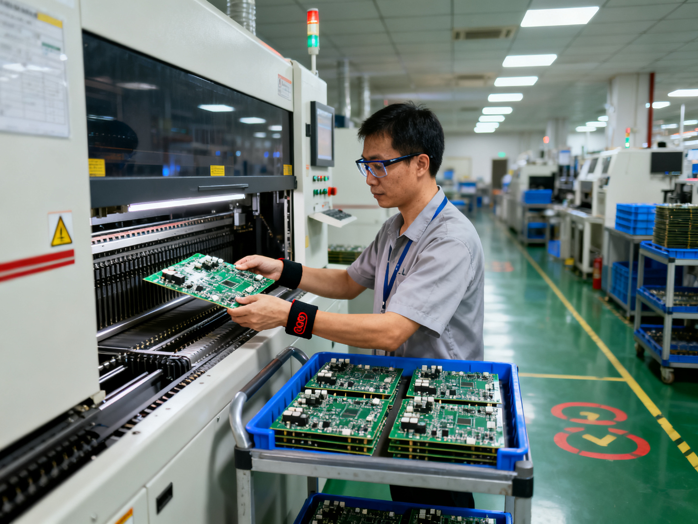 SMT operator loading populated circuit boards onto conveyor entry of a reflow oven.