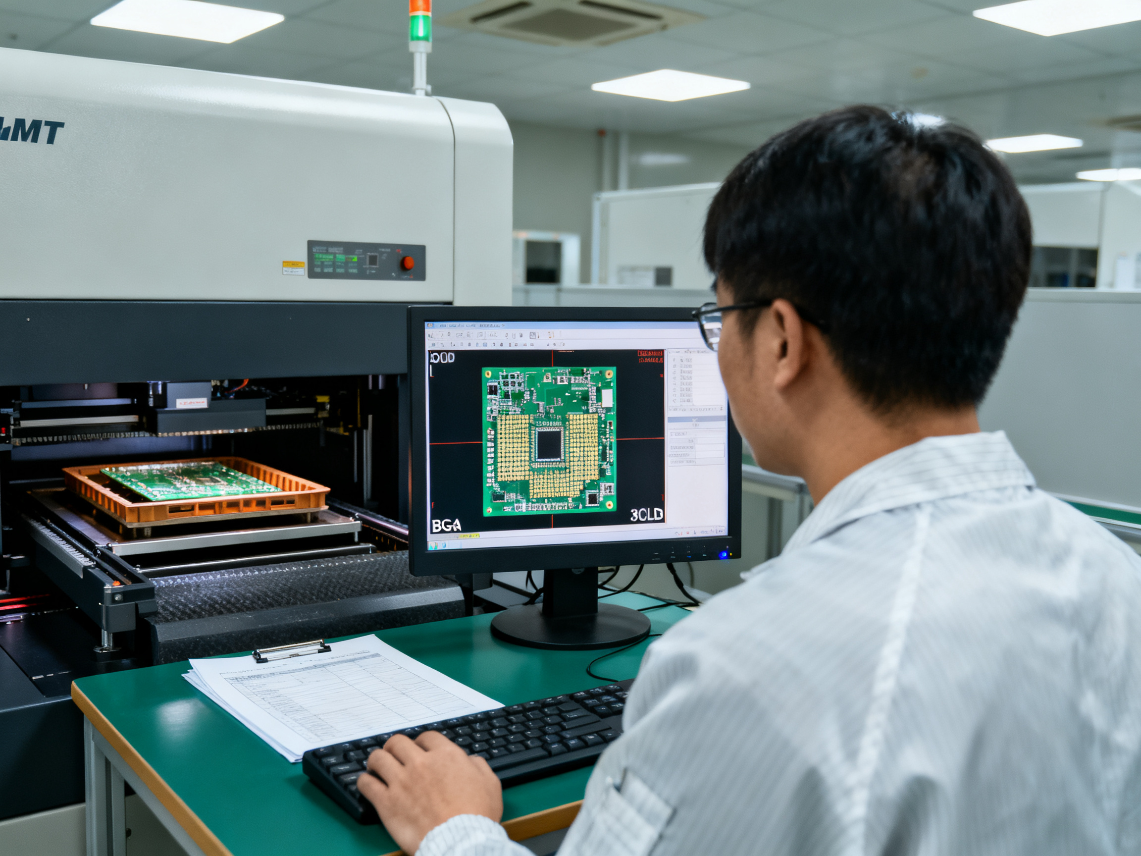 SMT quality engineer examining X-ray inspection results on a monitor display showing solder joint quality.