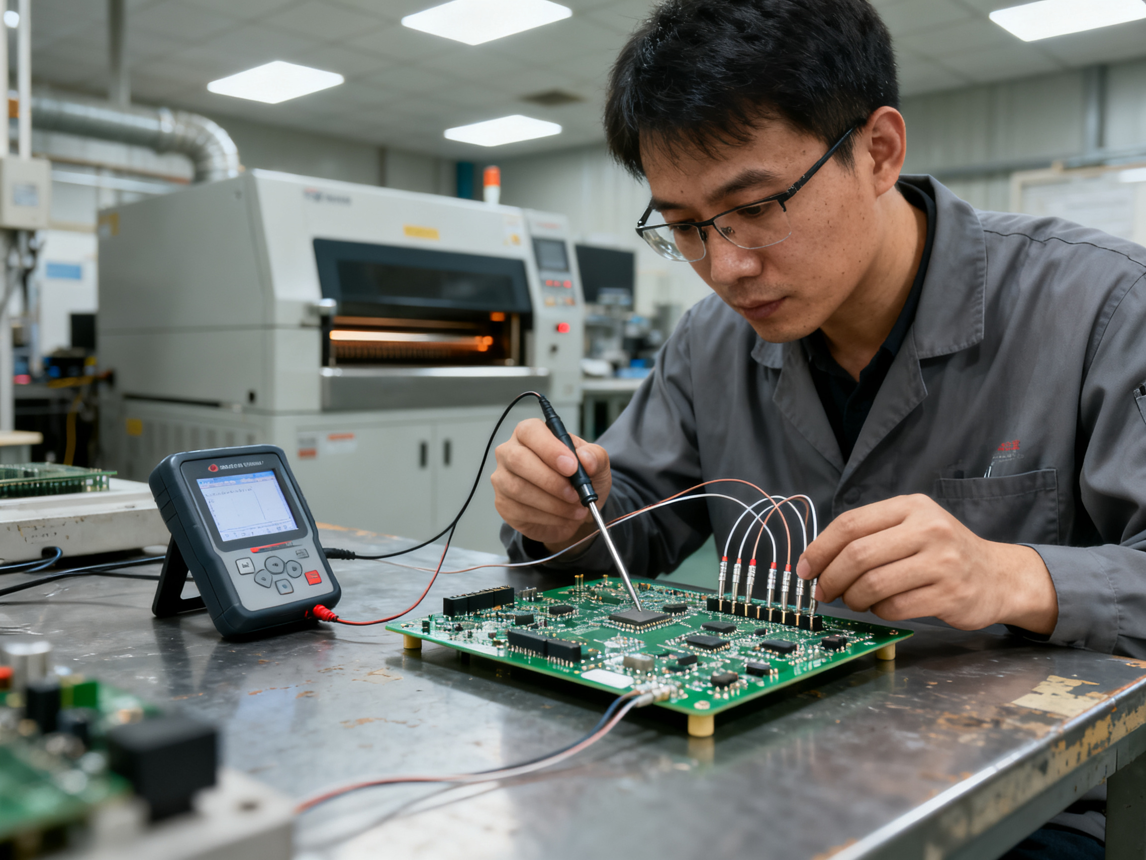 Engineer validating reflow profile on a populated PCB with thermocouples attached to components.