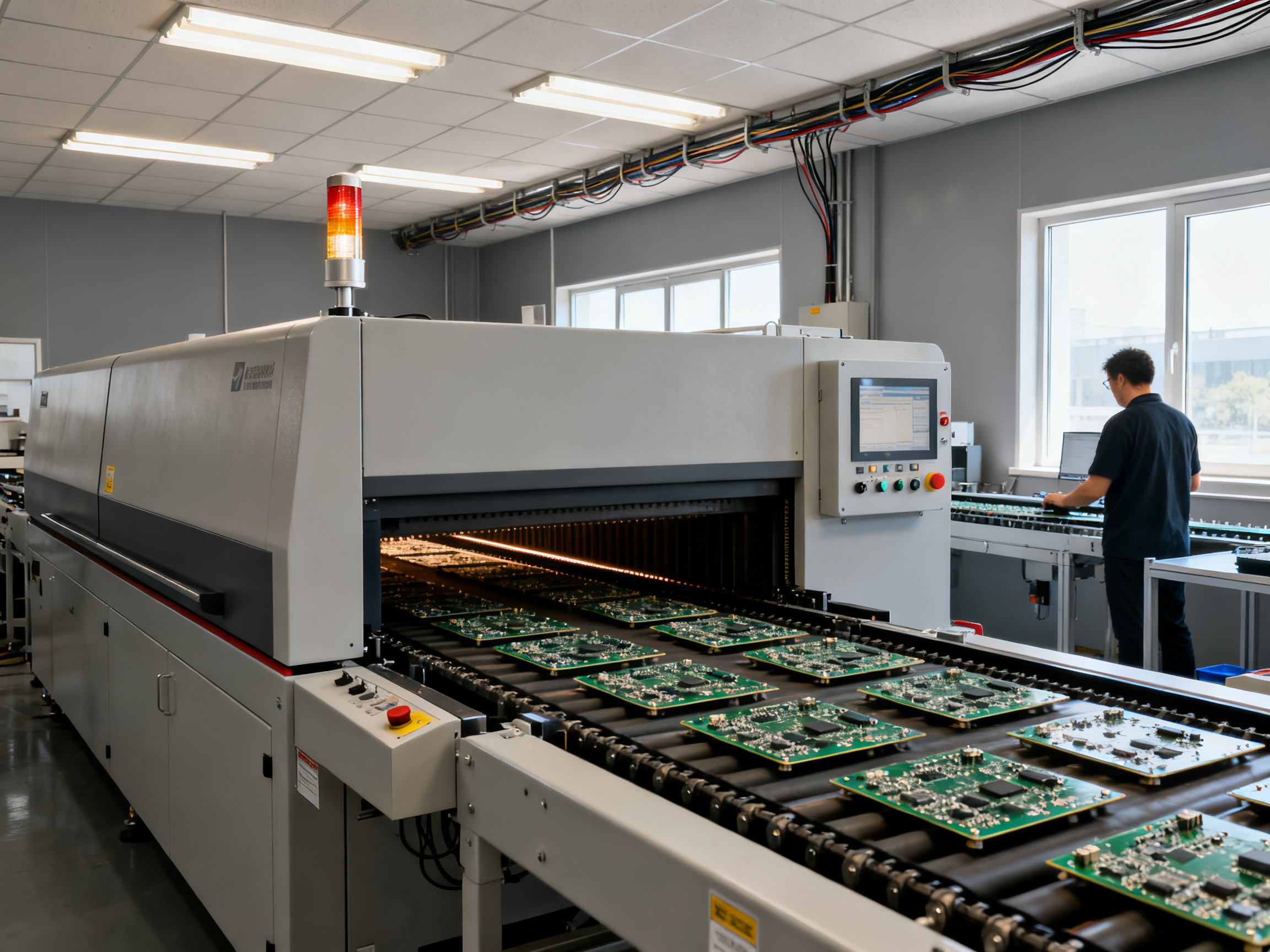 Mid sized reflow oven in an active SMT production line conveyor carrying populated circuit boards.