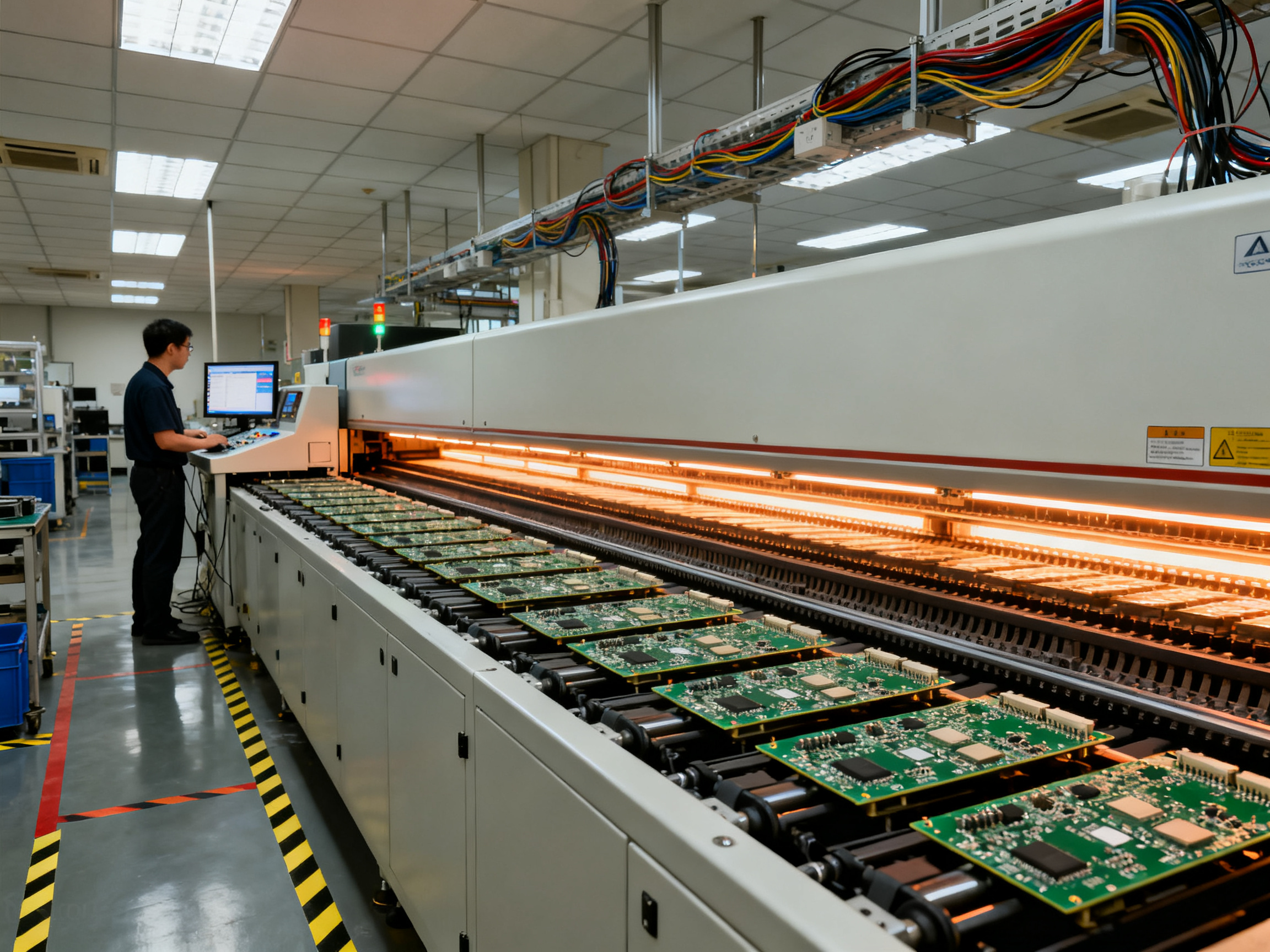 Smt reflow oven line in an electronics assembly factory conveyor carrying populated PCBs.