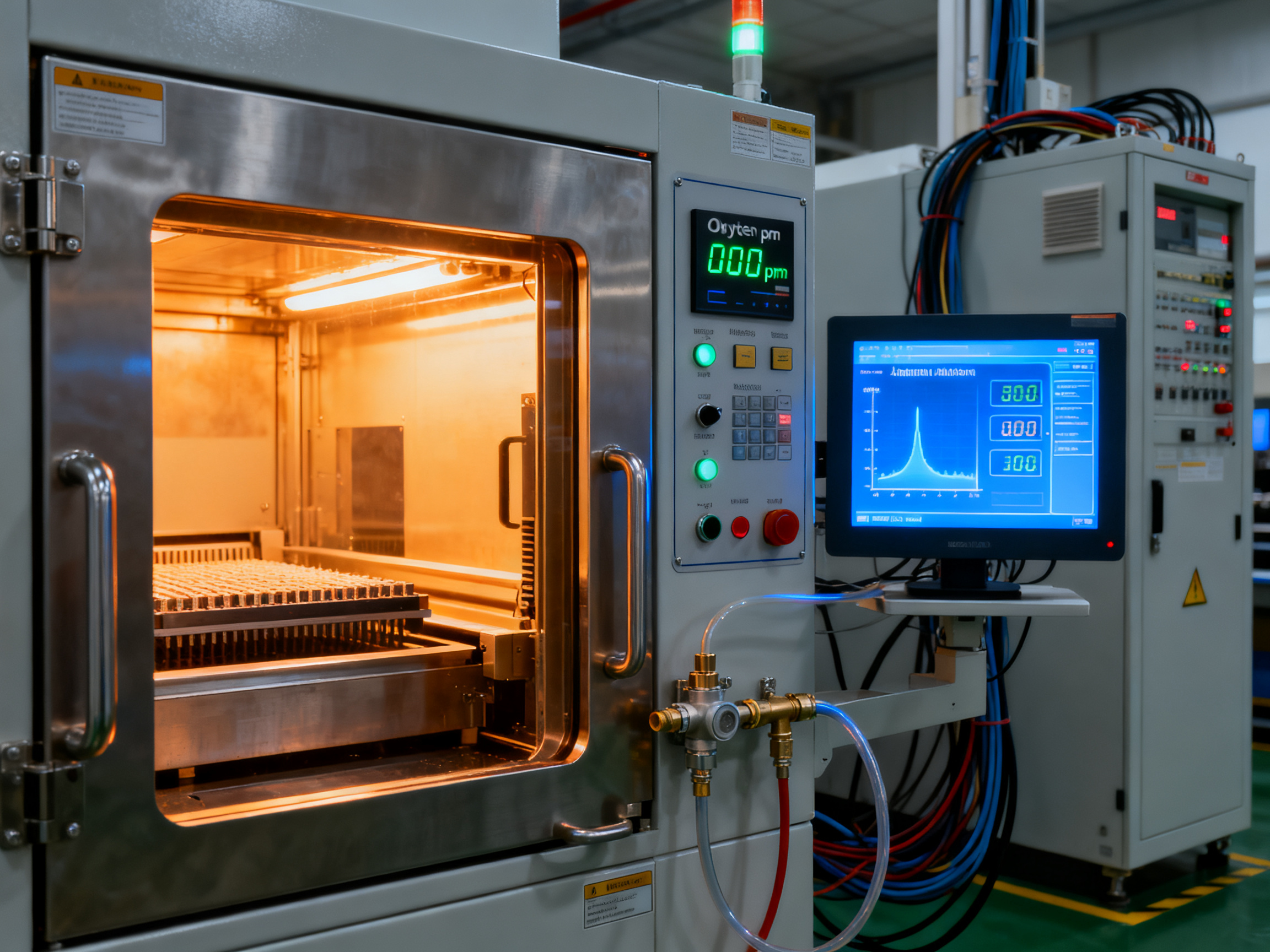 Close up view of a reflow oven control panel with oxygen ppm display sealed chamber.