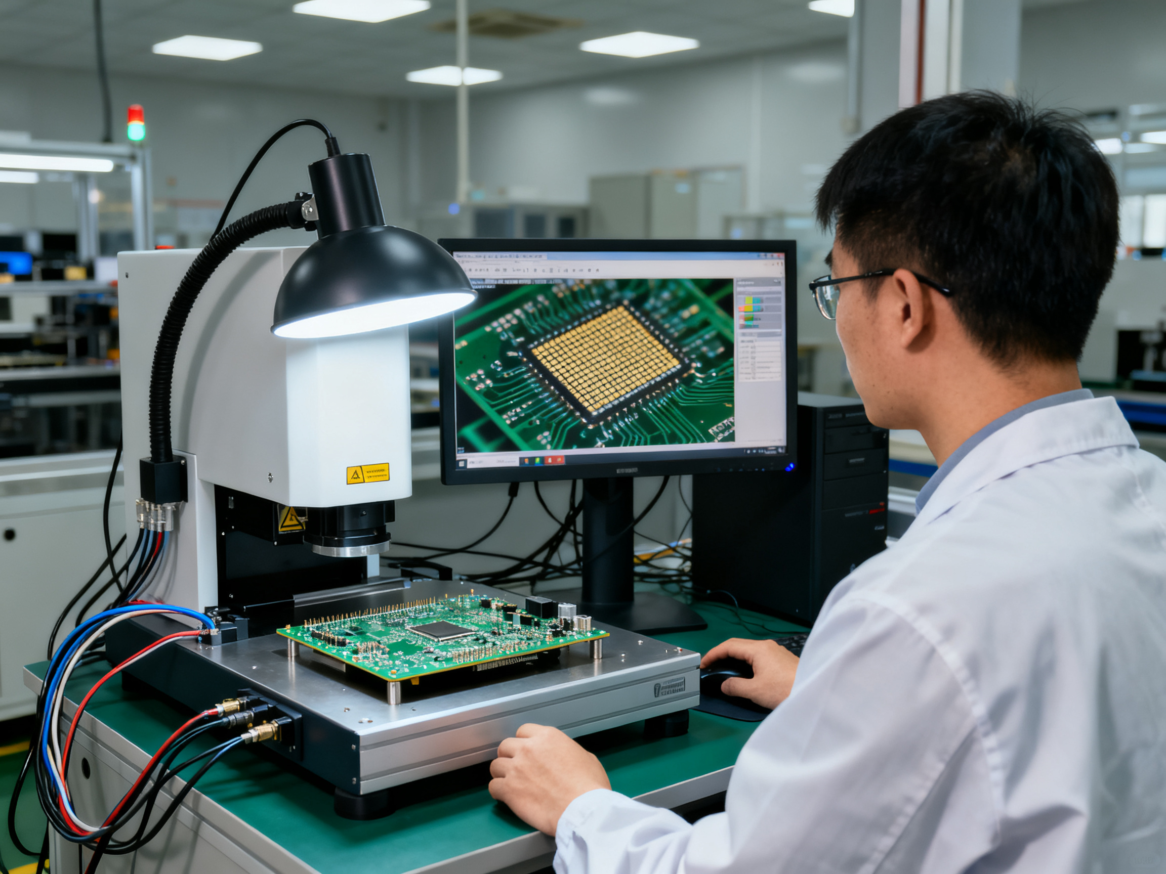 X ray inspection station for BGA and QFN assemblies engineer examining solder joints.
