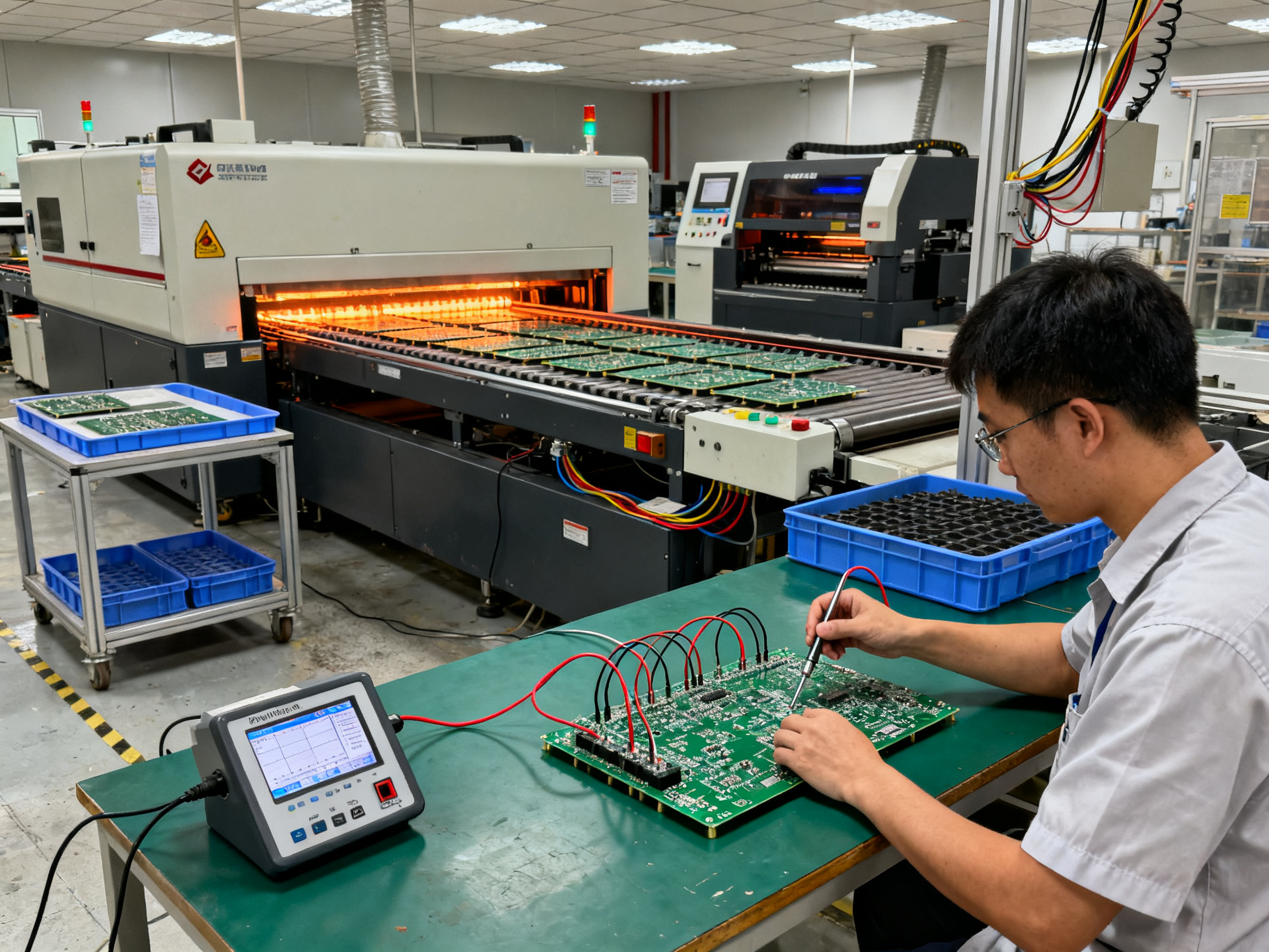 Process engineer validating reflow profile with thermocouples on a populated PCB.