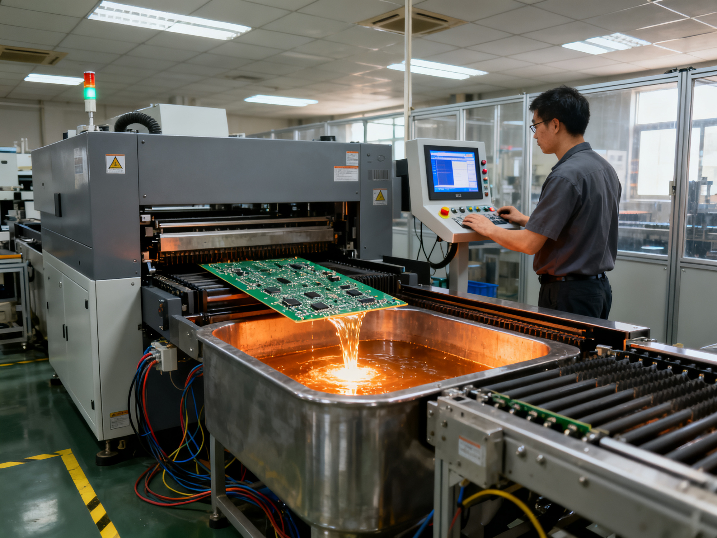 Selective Soldering vs Wave Soldering: The Definitive Comparison Guide for 2026 - S&M Co.Ltd Electronics factory floor wave soldering machine in operation pcb on conveyor.