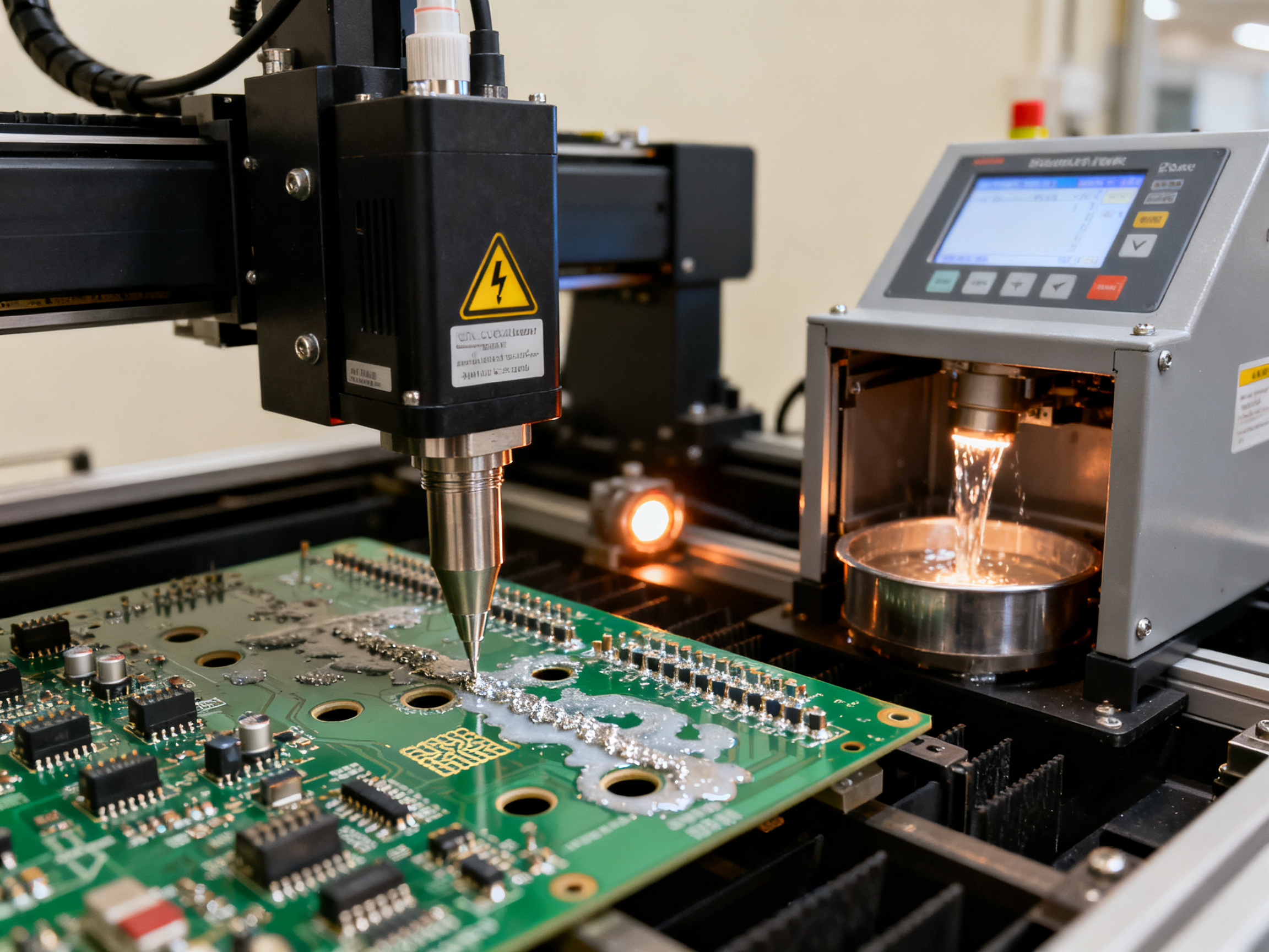 Selective Soldering vs Wave Soldering: The Definitive Comparison Guide for 20261 - S&M Co.Ltd Close up of selective soldering nozzle dispensing solder onto a pcb through hole.