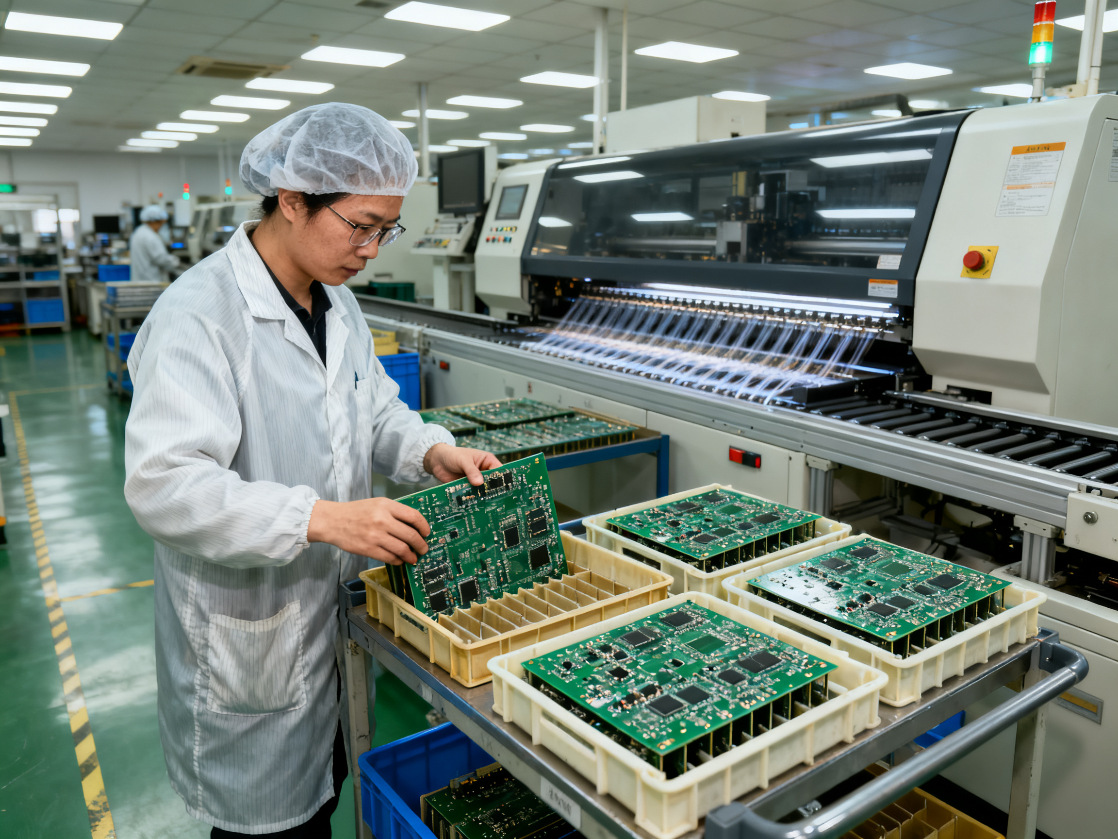 Selective Soldering vs Wave Soldering: The Definitive Comparison Guide for 20263 - S&M Co.Ltd Factory operator loading pcb assemblies into magazines or trays for wave soldering.