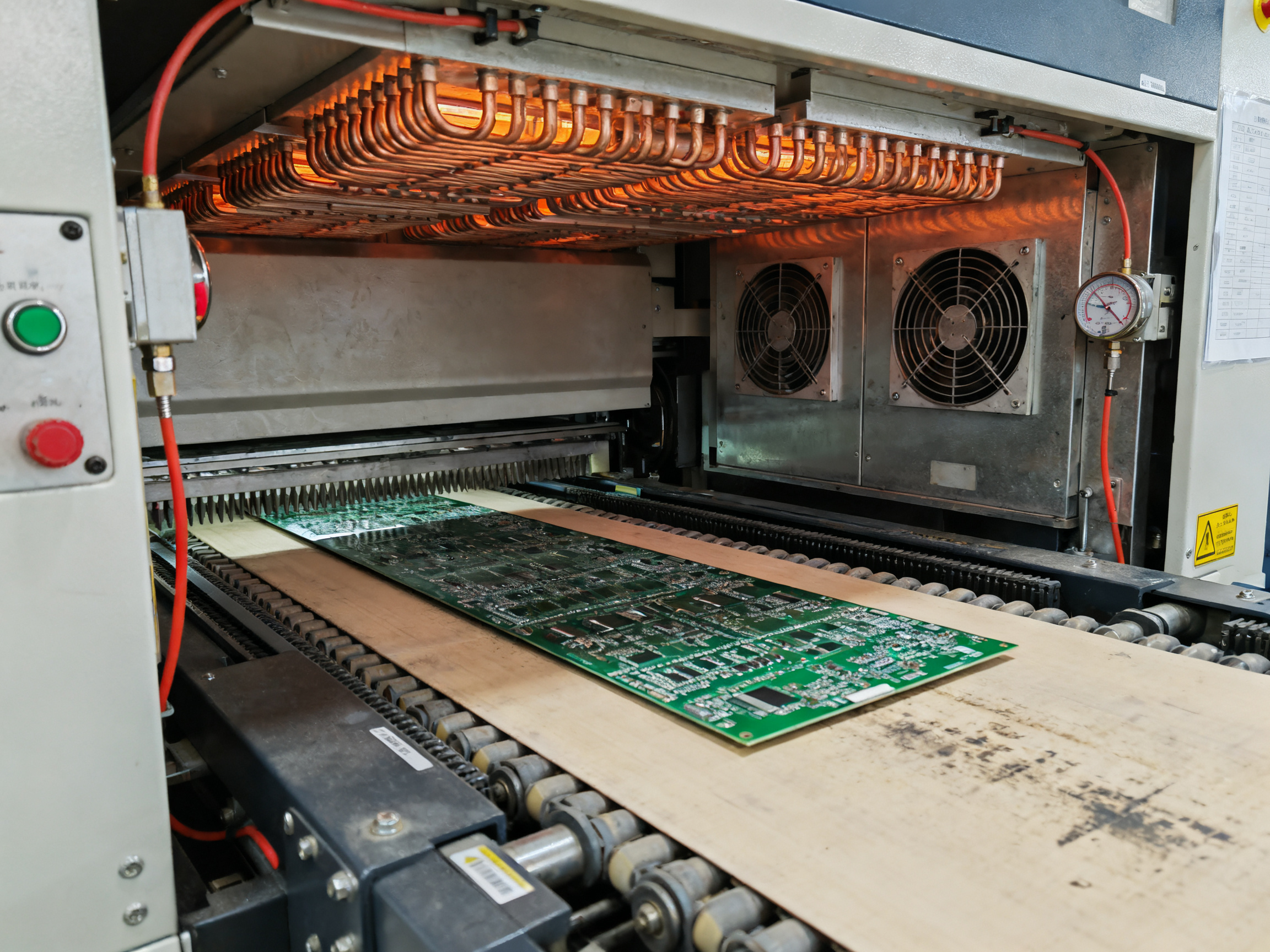 What Is a Reflow Oven? Complete Guide to SMT Soldering Technology and PCB Assembly - S&M Co.Ltd Close up documentary view of reflow oven multi zone heating chamber interior visible.