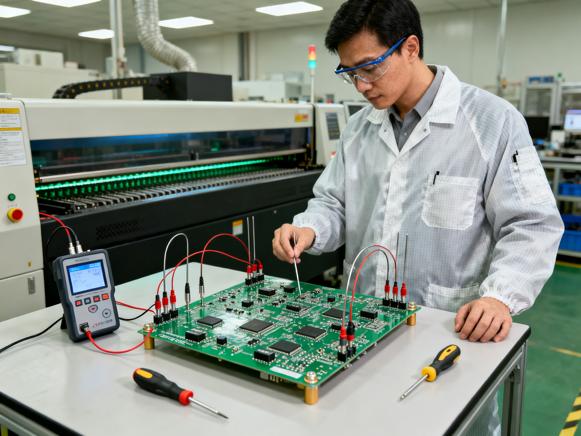 What Is a Reflow Oven? Complete Guide to SMT Soldering Technology and PCB Assembly2 - S&M Co.Ltd SMT process engineer performing thermal profile validation on a circuit board thermocouple.