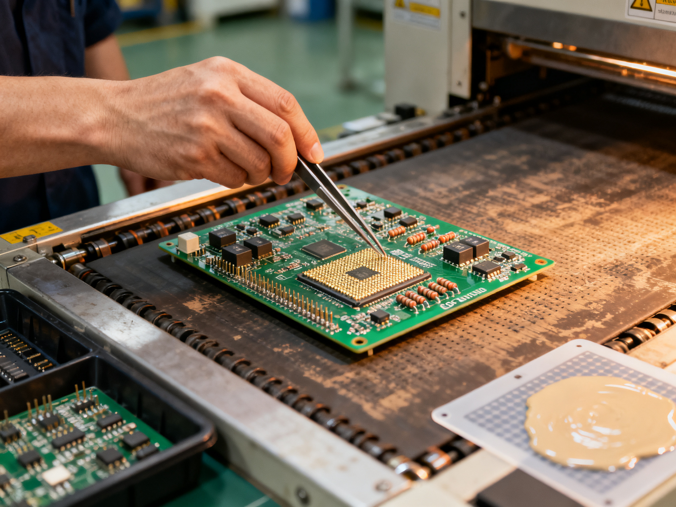 Nitrogen Reflow Ovens: Benefits, Mechanisms, and Best Practices Explained3 - S&M Co.Ltd PCB assembly operator loading circuit board with fine pitch components onto reflow oven.
