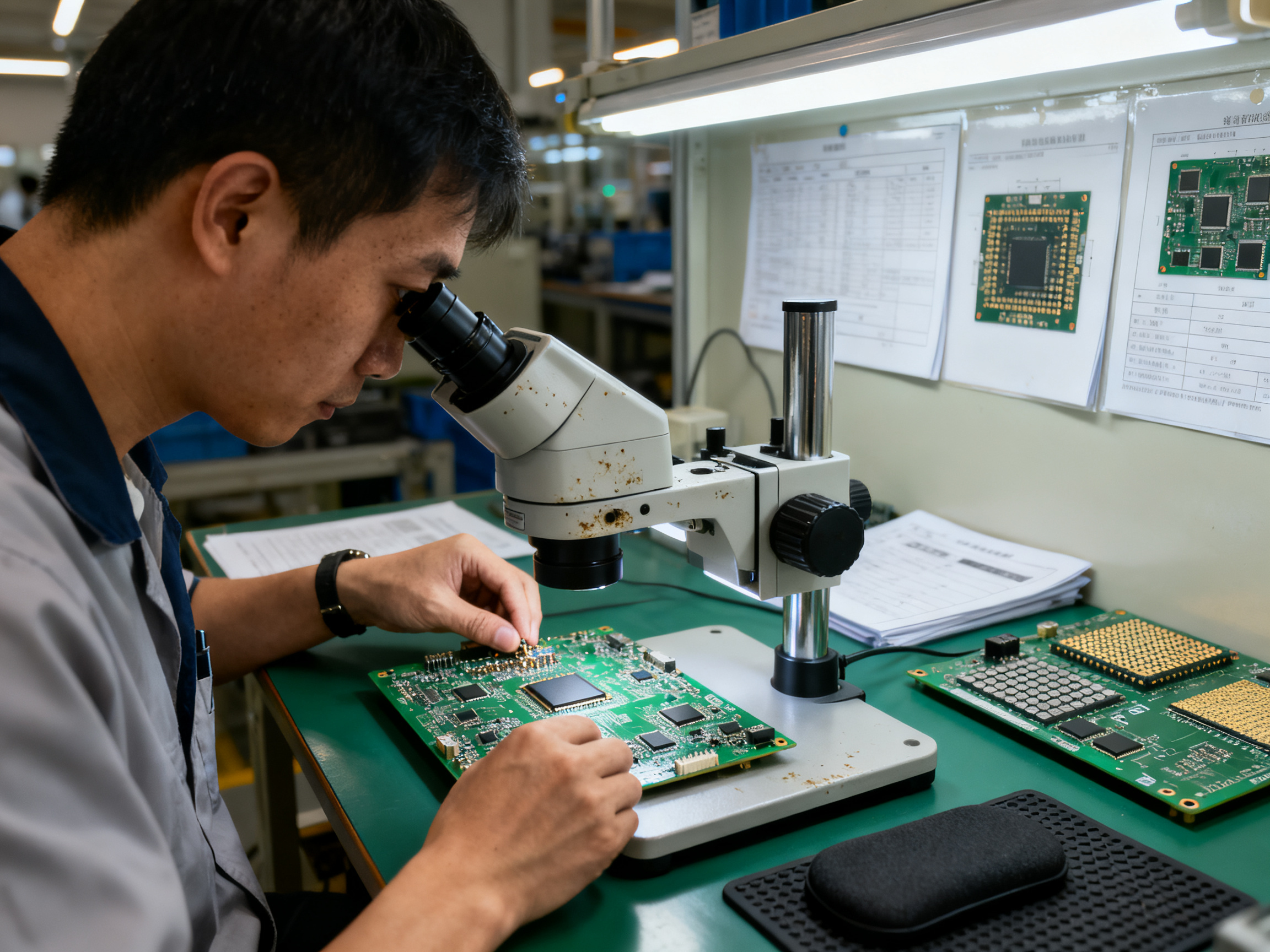 Nitrogen Reflow Ovens: Benefits, Mechanisms, and Best Practices Explained2 - S&M Co.Ltd Quality engineer using portable microscope to inspect solder joints on assembled circuit board.