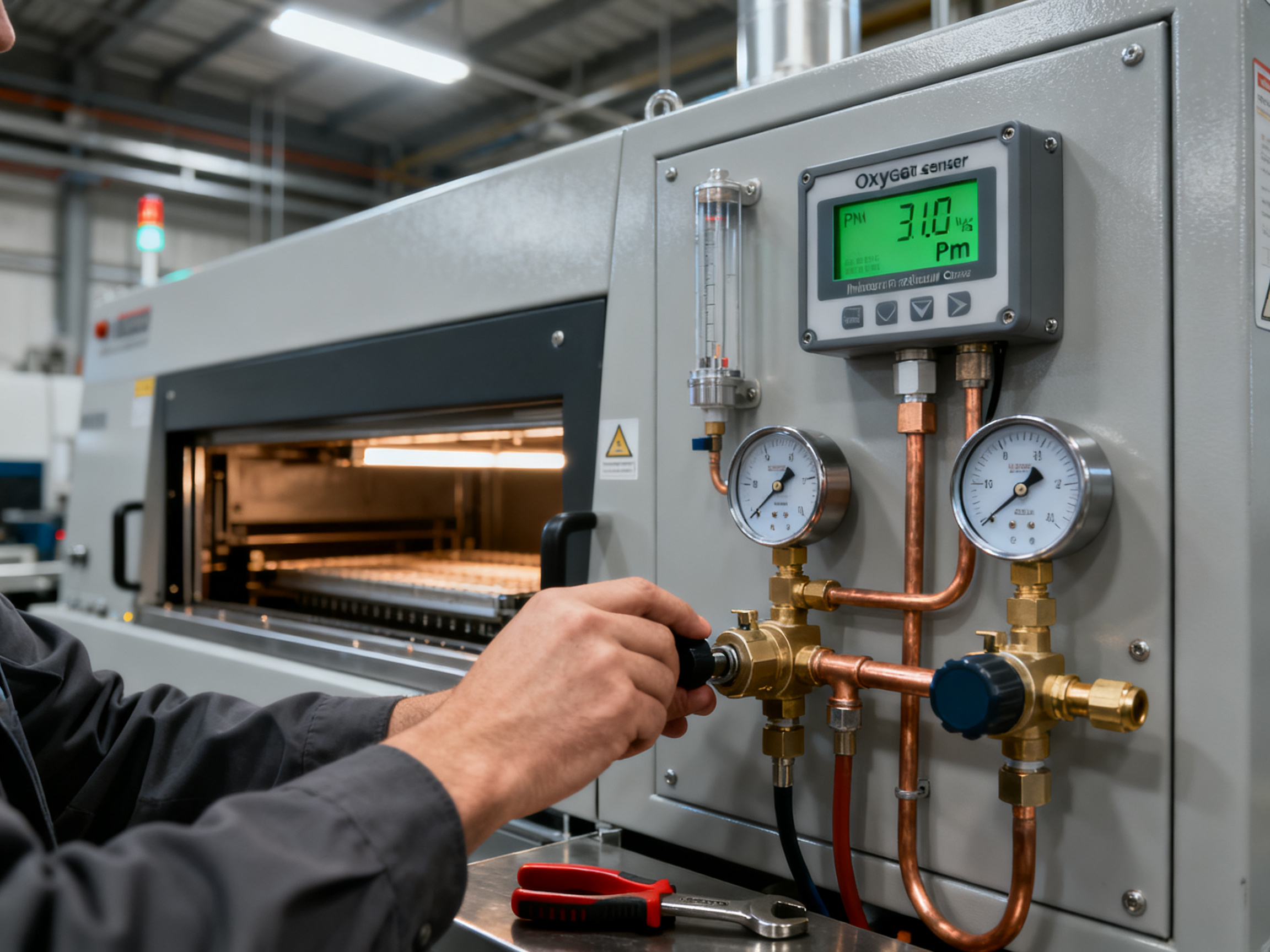 Nitrogen Reflow Ovens: Benefits, Mechanisms, and Best Practices Explained1 - S&M Co.Ltd Close up of industrial oxygen monitoring system and gas delivery panel on nitrogen reflow oven.
