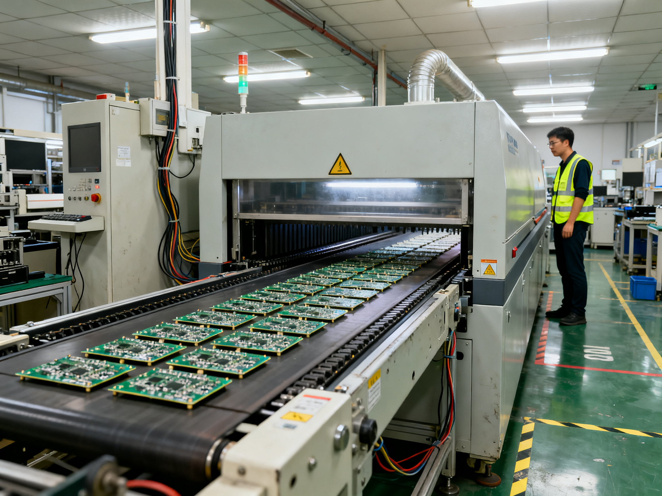 Nitrogen Reflow Ovens: Benefits, Mechanisms, and Best Practices Explained - S&M Co.Ltd SMT reflow oven line in electronics factory conveyor carrying populated circuit.