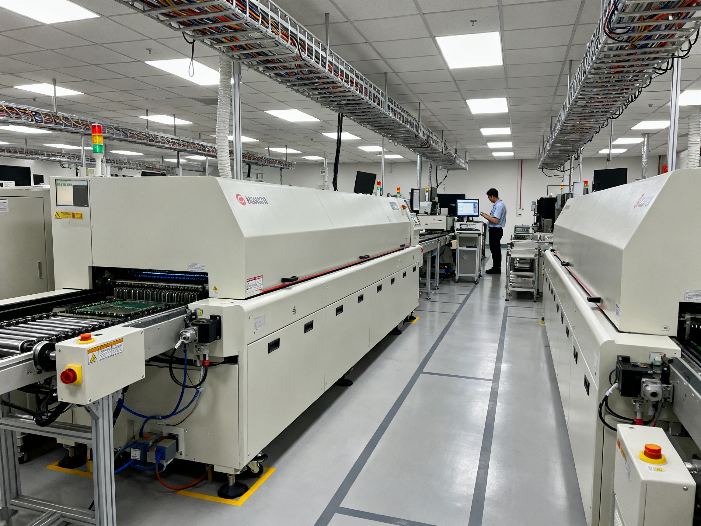 Reflow Oven Price Guide: Global Trends, Brand Breakdown, and Regional Comparisons (2026) - S&M Co.Ltd Wide shot of an SMT production line section in an electronics factory showing automated assembly equipment and conveyor systems.